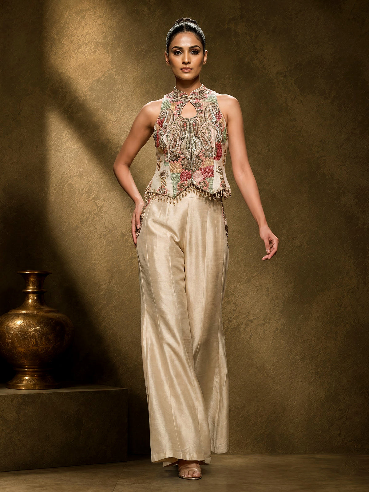 Beige designer chanderi silk palazzo suit with pearls and cutdana work