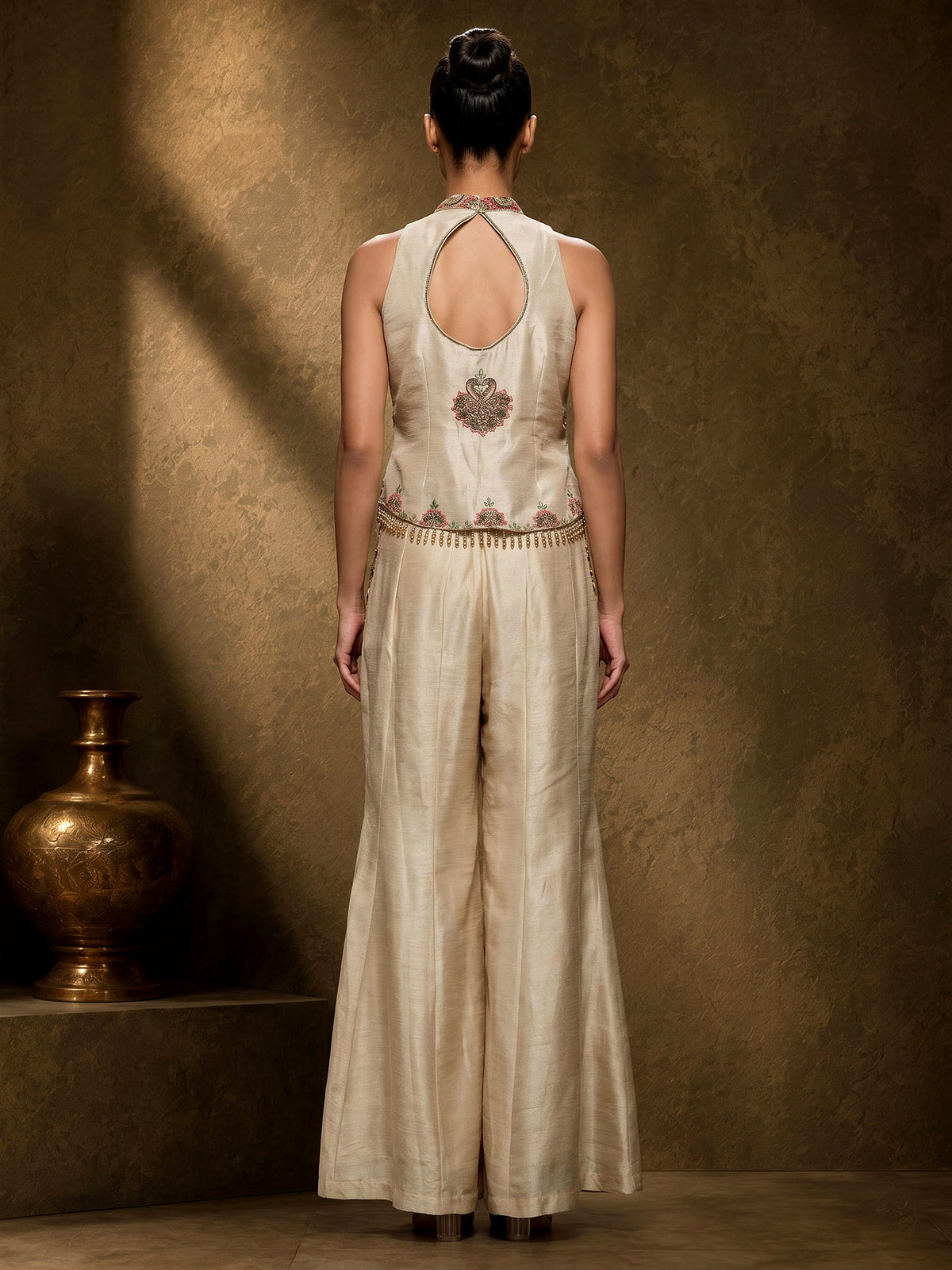 Beige designer chanderi silk palazzo suit with pearls and cutdana work