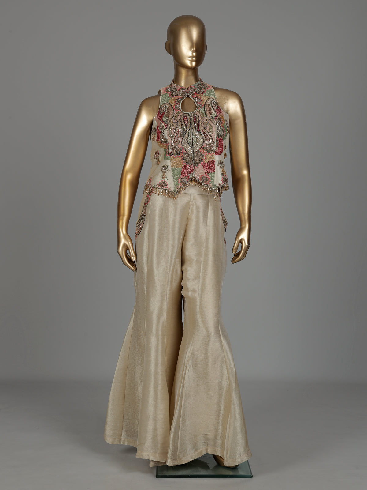 Beige designer chanderi silk palazzo suit with pearls and cutdana work