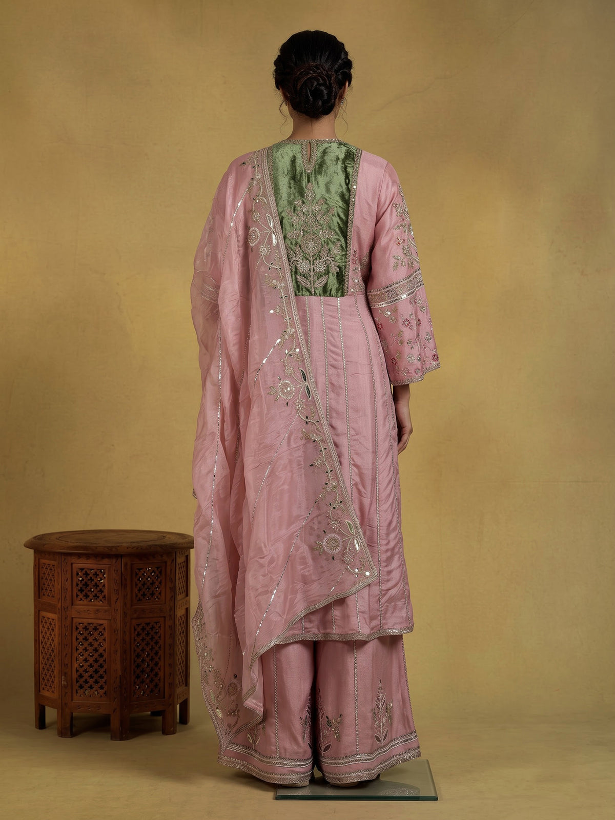 Light pink raw silk pakistani palazzo suit with heavy embellishments