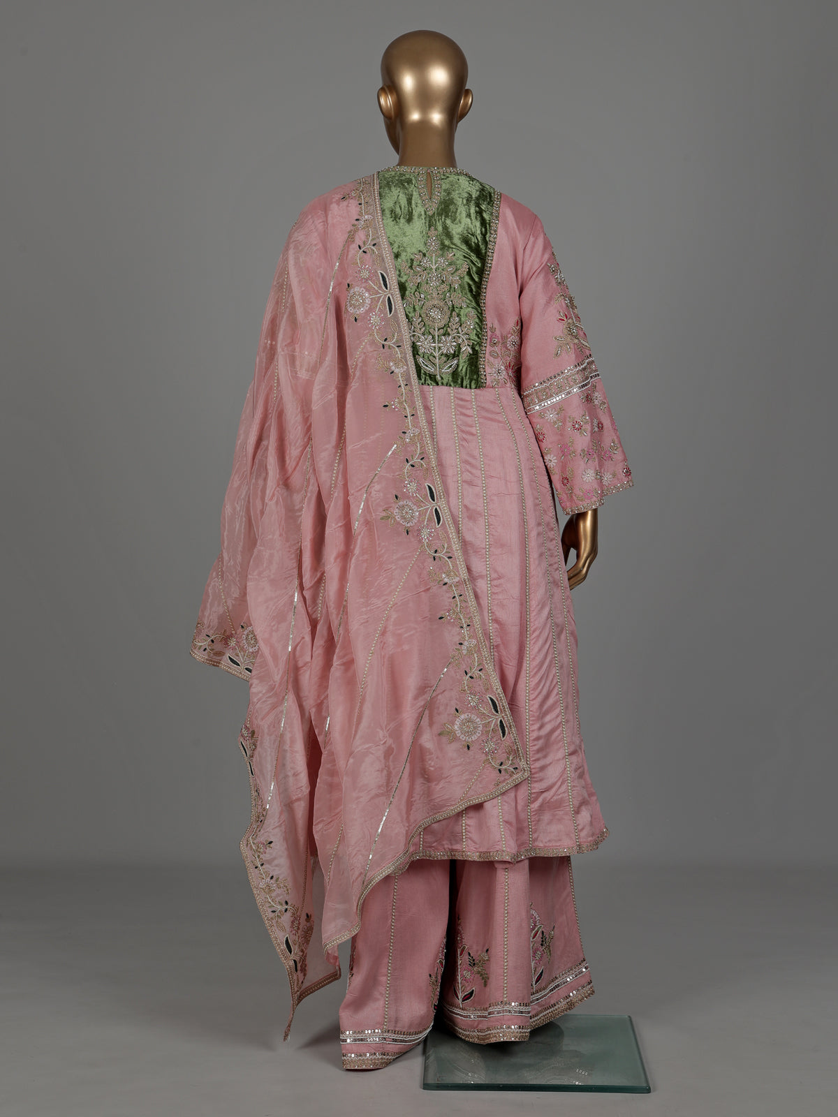 Light pink raw silk pakistani palazzo suit with heavy embellishments