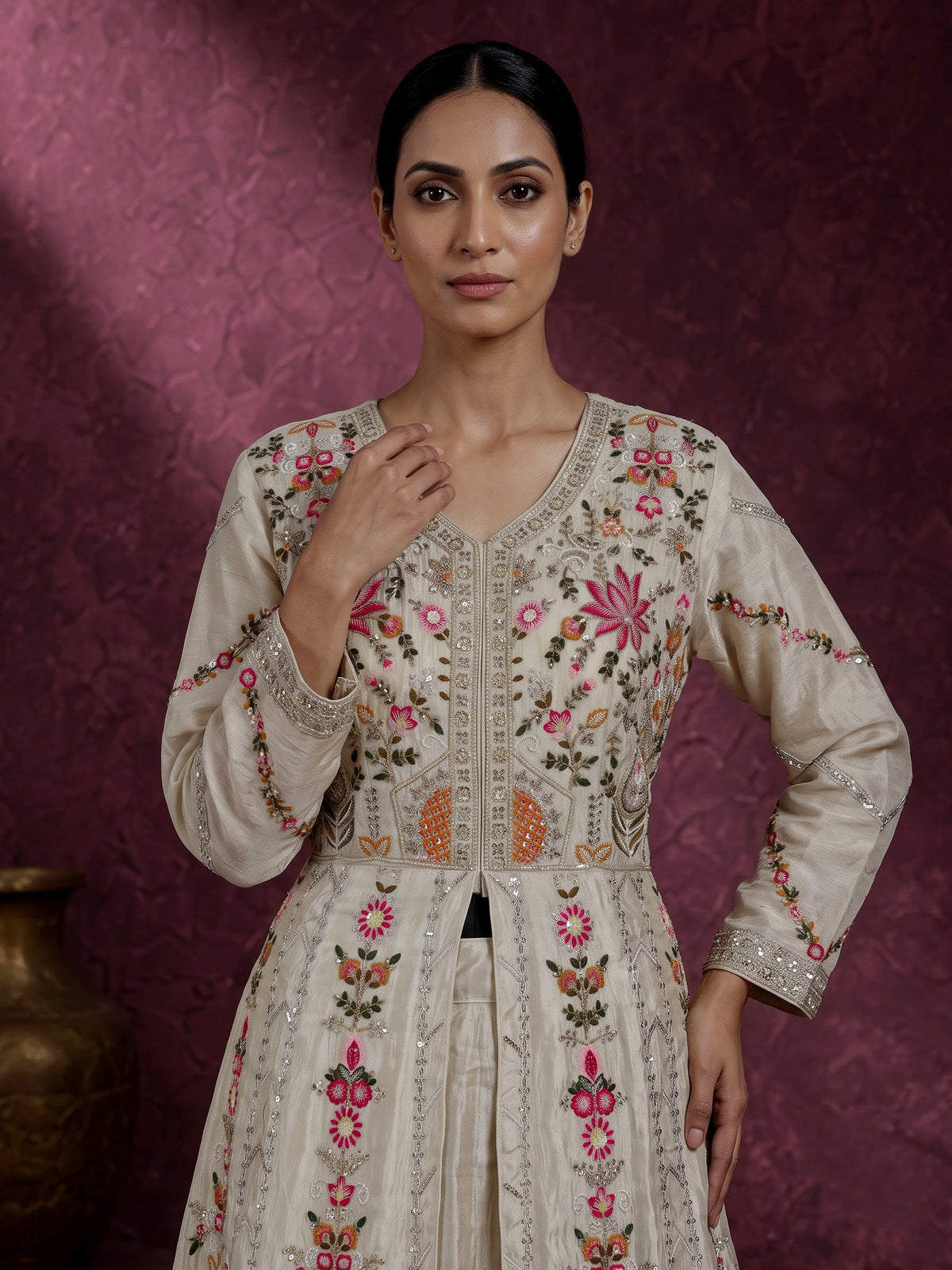 Cream silk pakistani anarkali lehenga suit with embellished dupatta