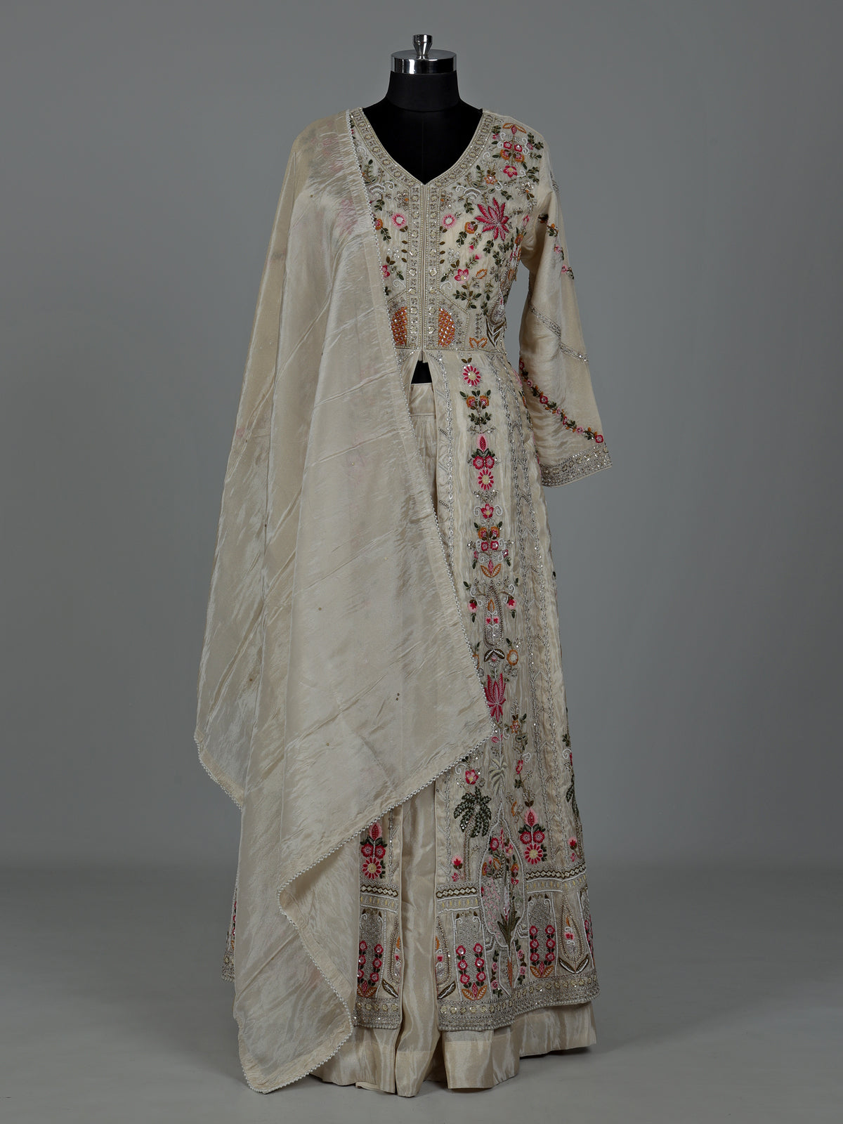 Cream silk pakistani anarkali lehenga suit with embellished dupatta
