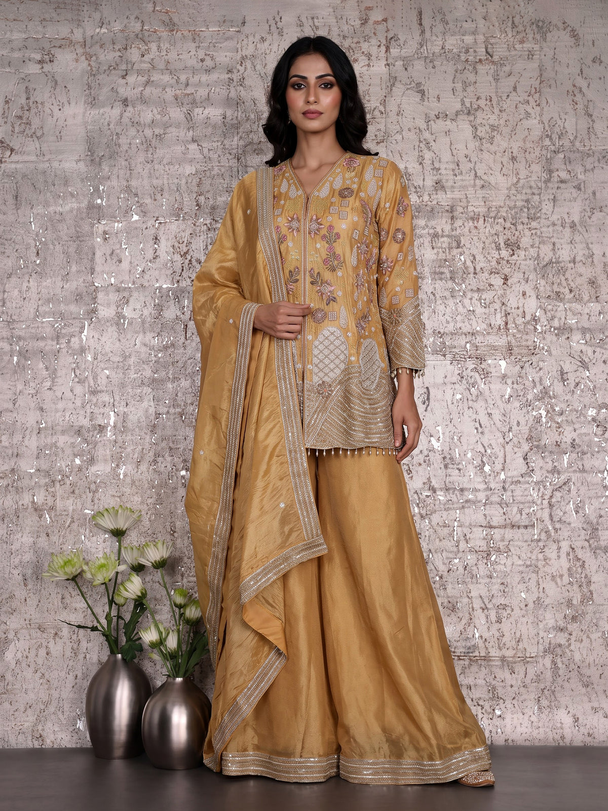 Mustard yellow silk palazzo suit with sequins and tassel detailing