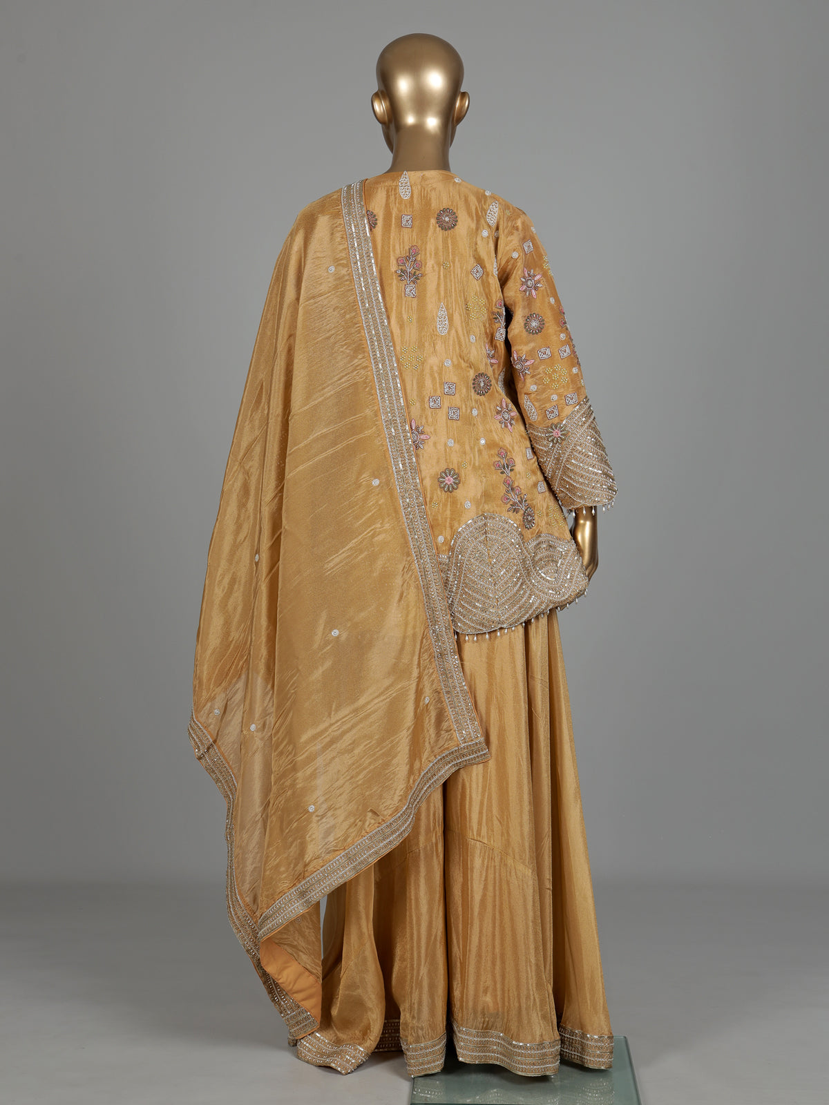 Mustard yellow silk palazzo suit with sequins and tassel detailing