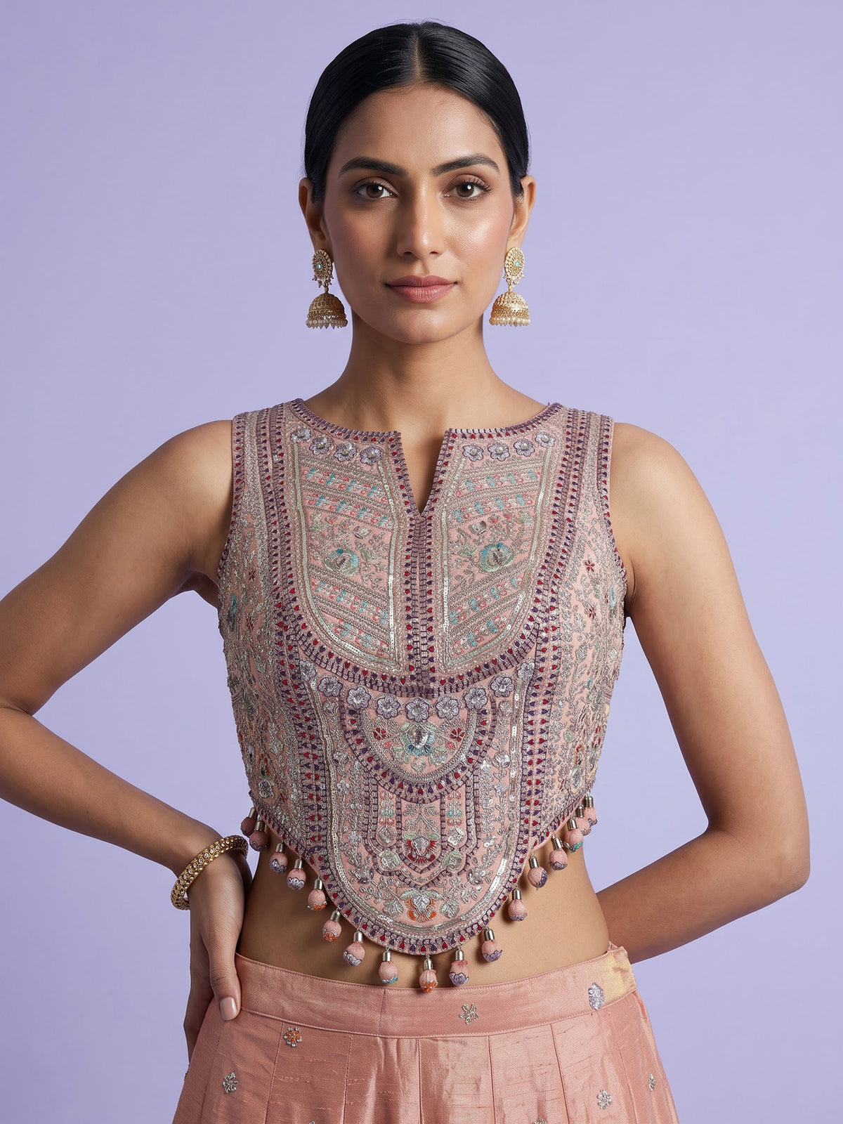 Peach tissue silk palazzo suit with zardosi and resham embellishments