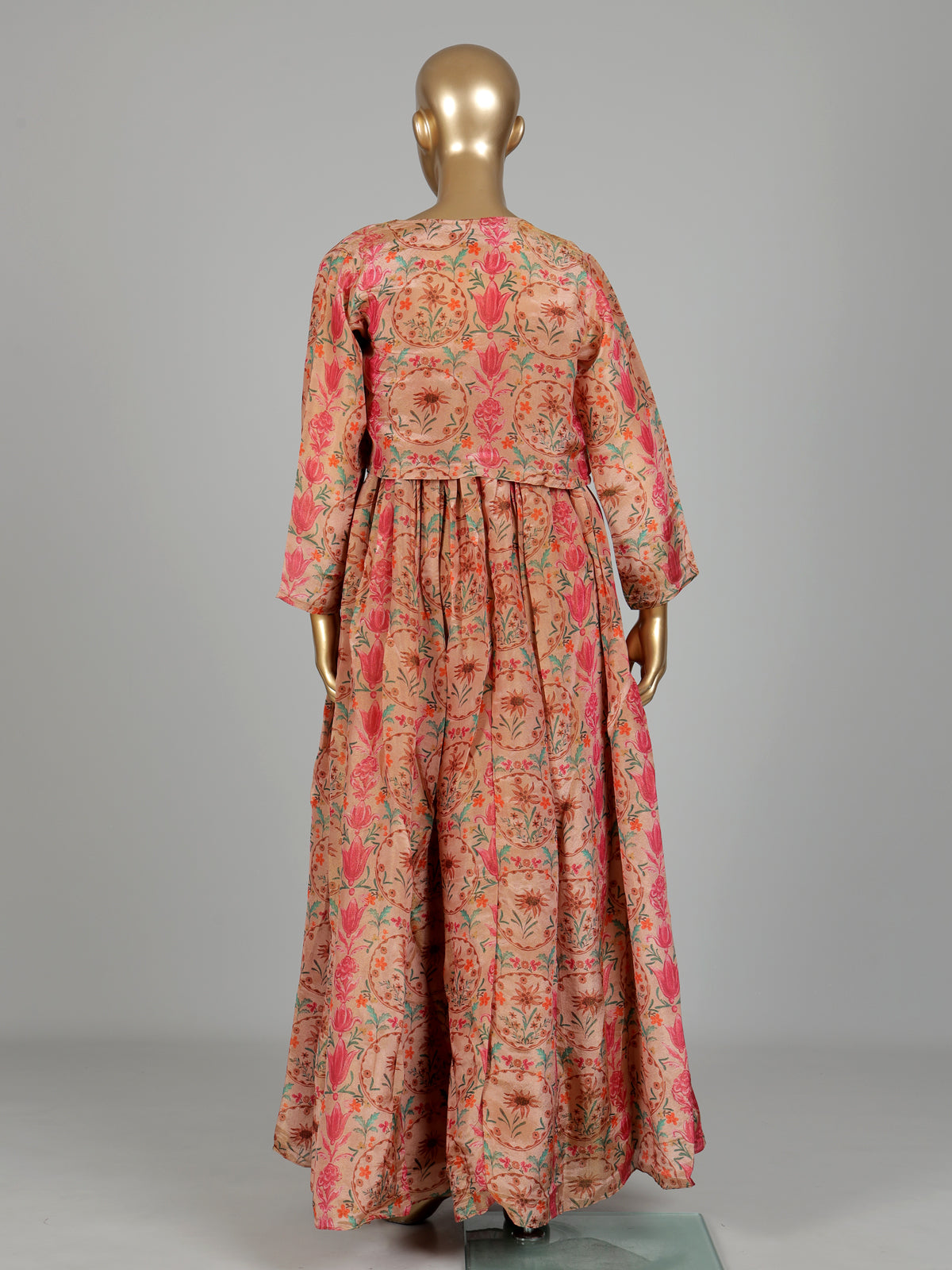 Peach printed silk jacket style anarkali with zardosi embellishments