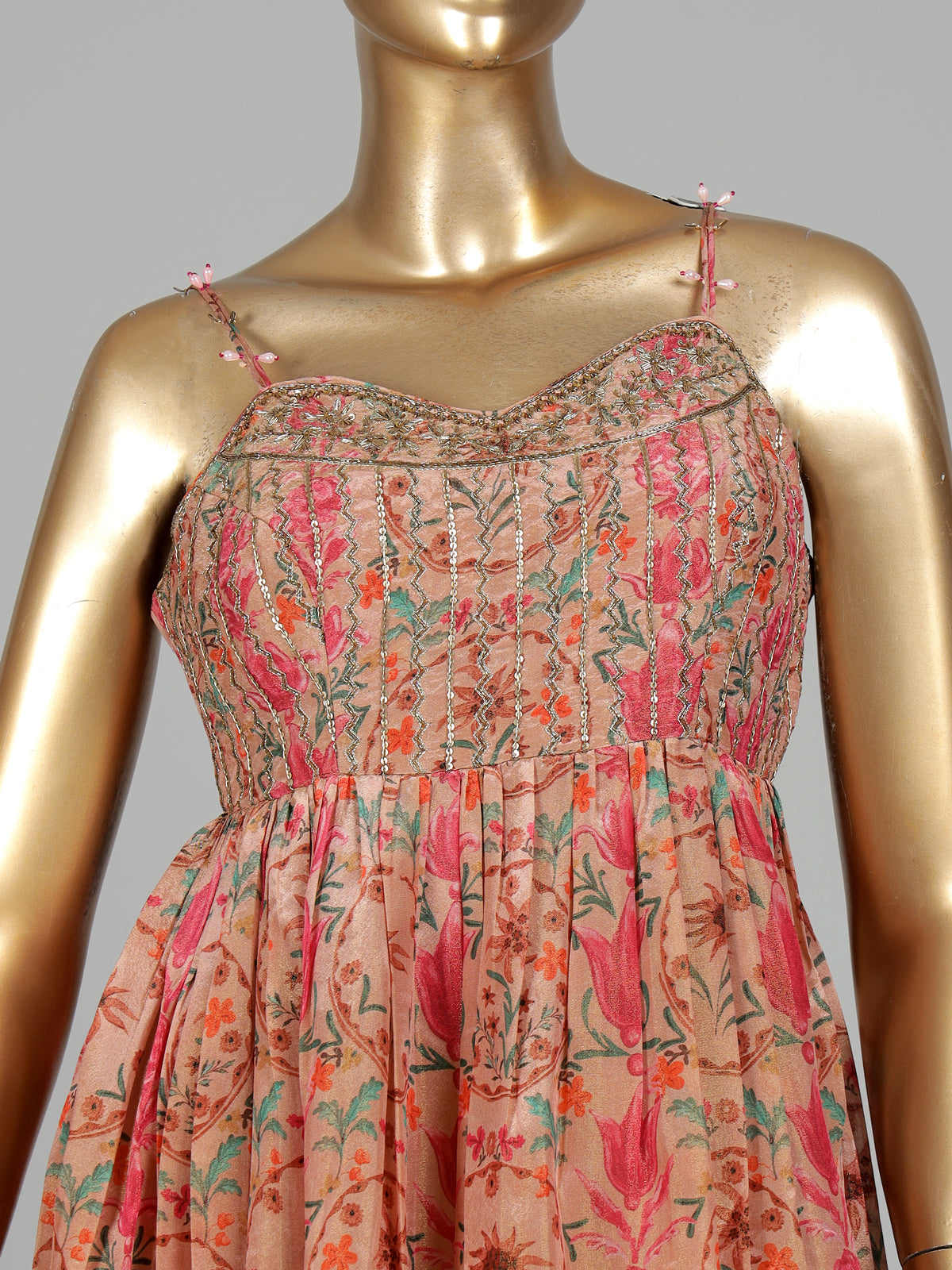 Peach printed silk jacket style anarkali with zardosi embellishments