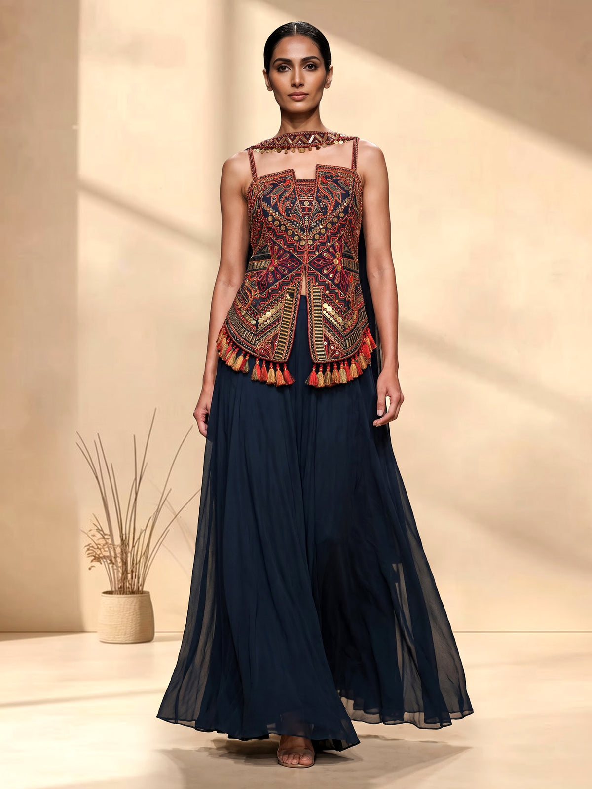 Navy georgette palazzo suit for wedding celebration
