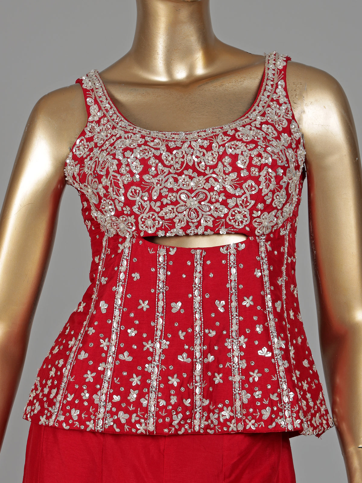 Red silk designer palazzo suit with bead embellishments