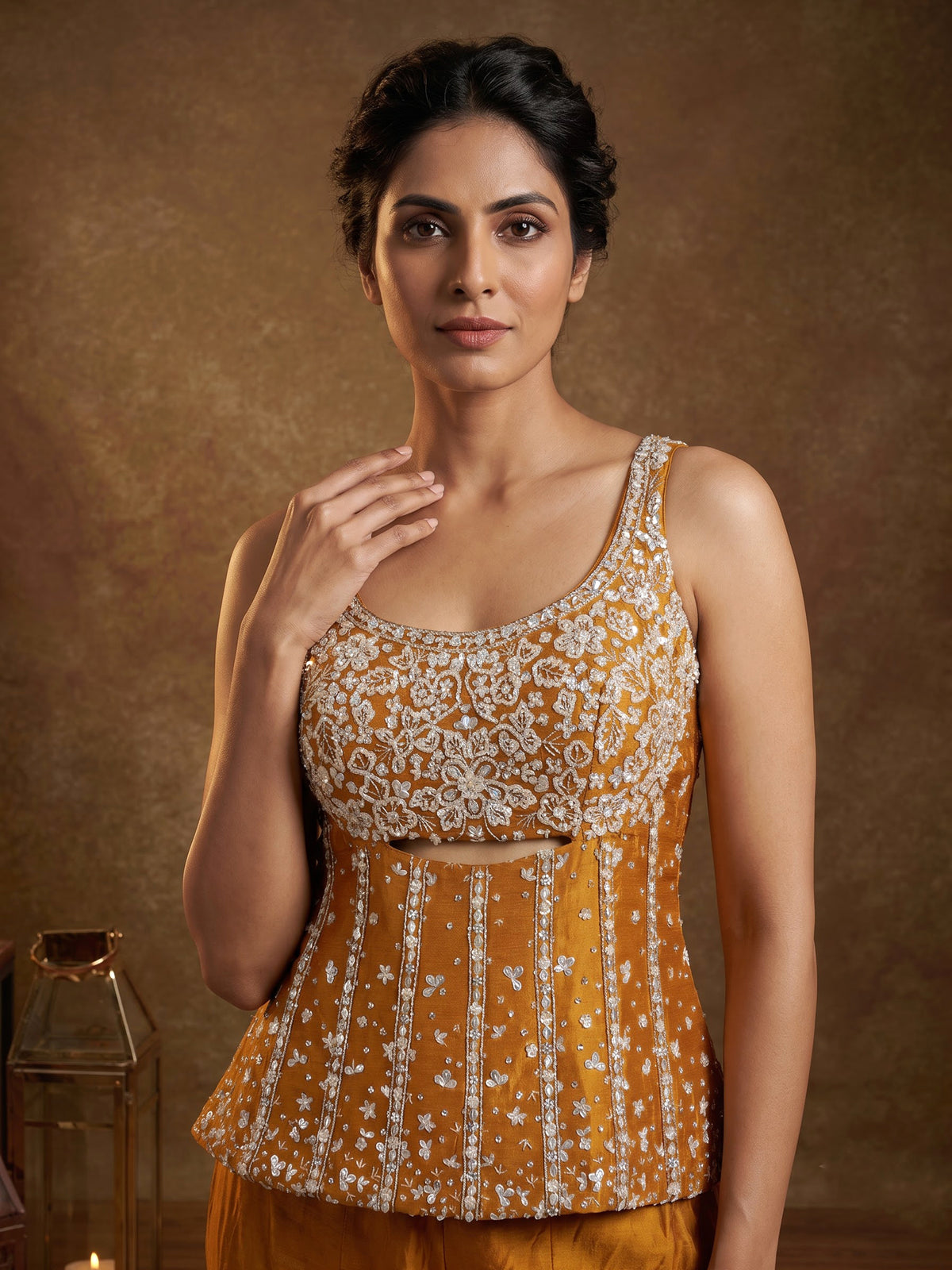 Rust orange silk palazzo suit with beadwork