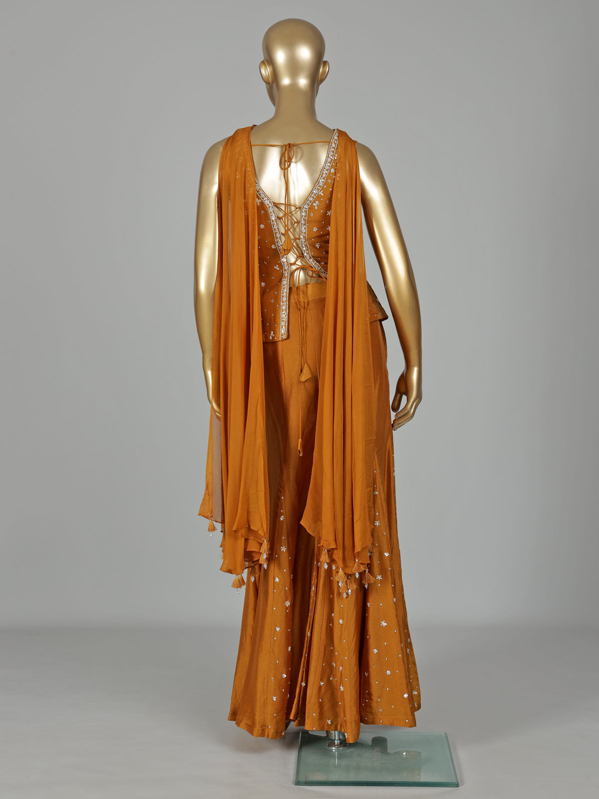 Rust orange silk palazzo suit with beadwork
