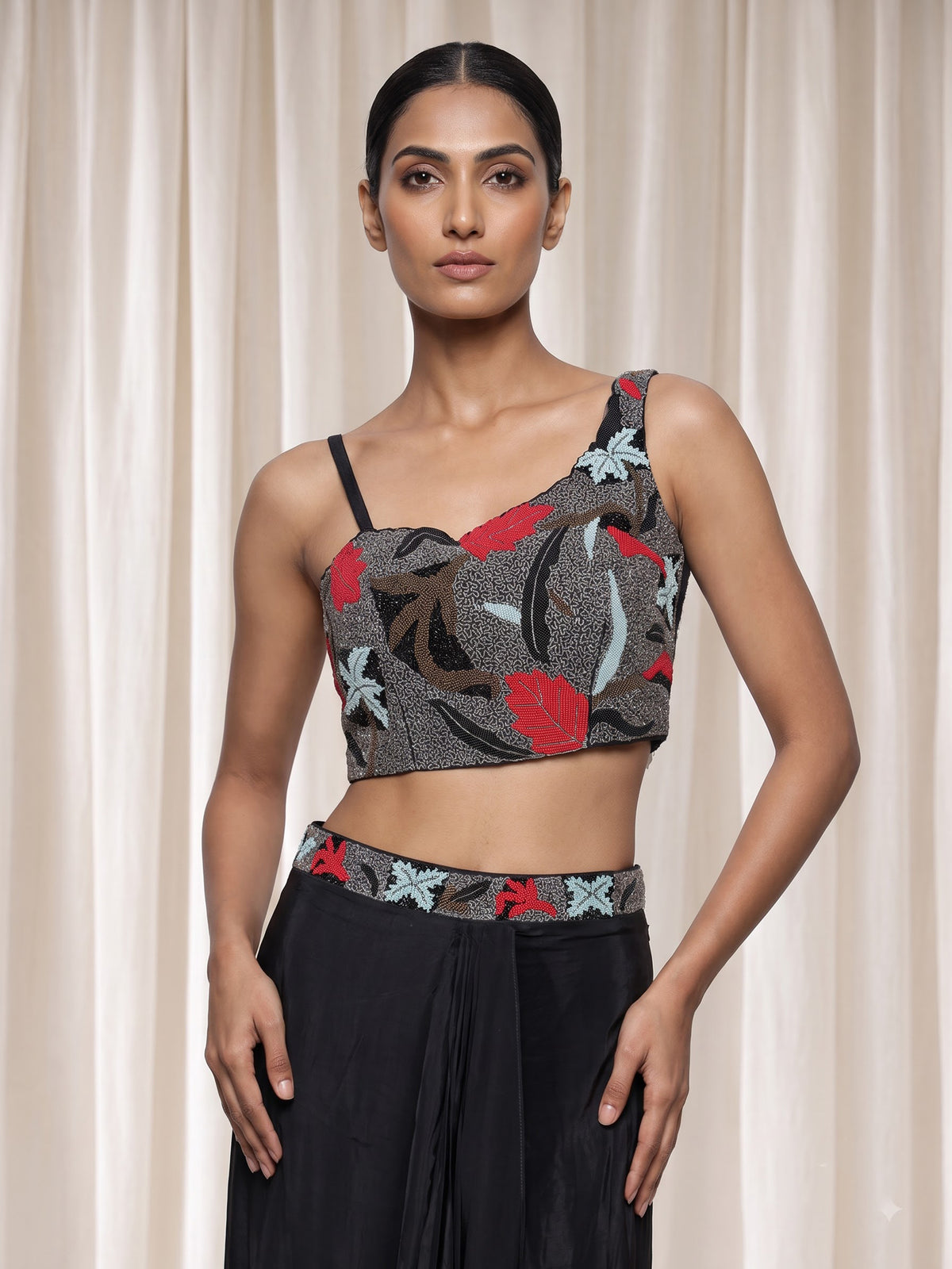 Black satin crepe silk designer palazzo suit