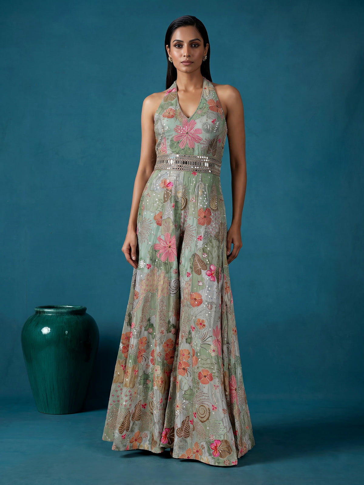 Pista green silk designer jumpsuit with floral resham embellishments
