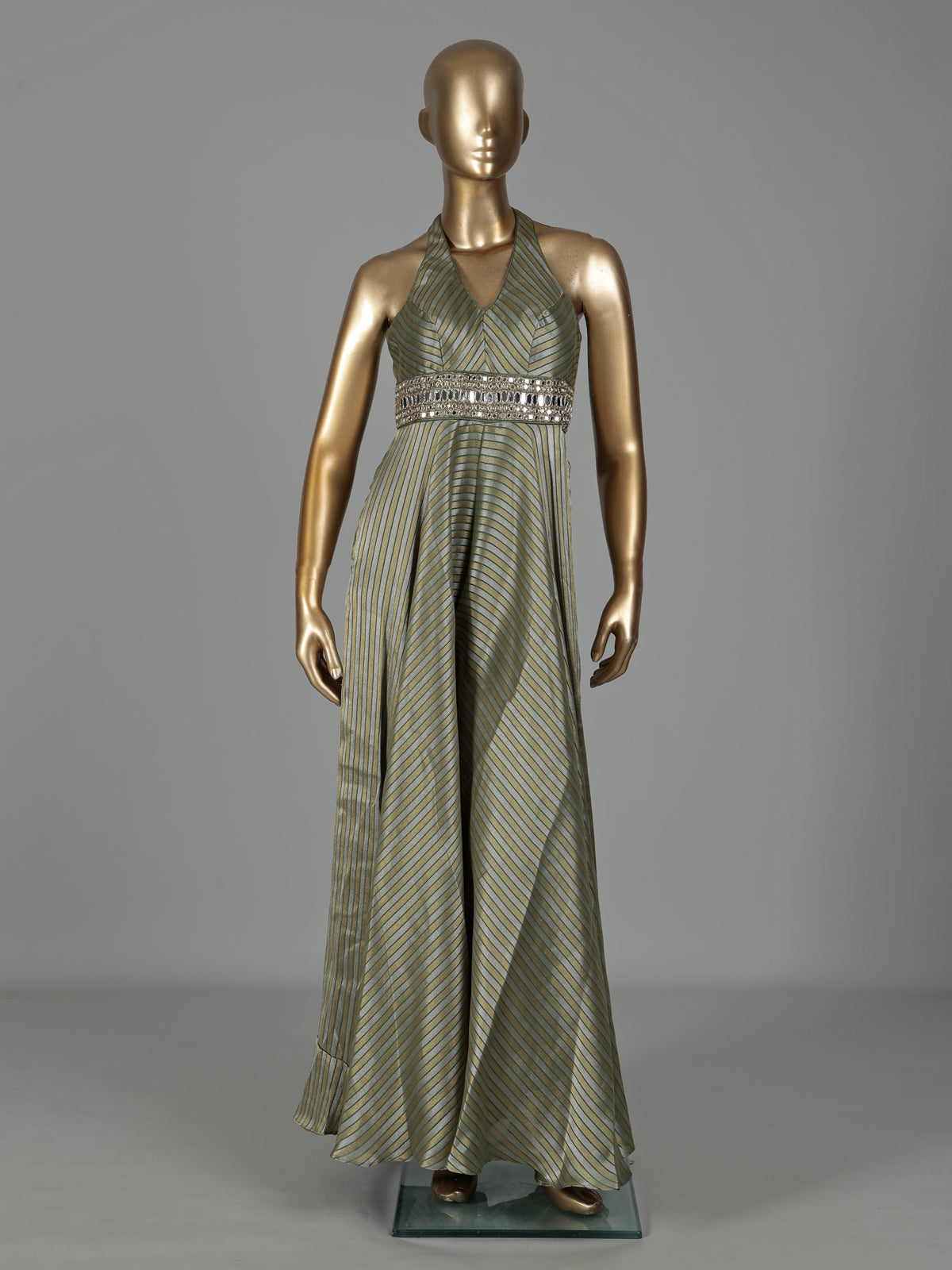 Pista green tissue silk blend jumpsuit with aabla work