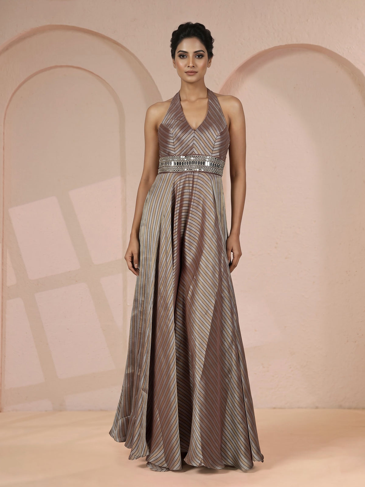 Grey tissue silk blend jumpsuit with zari detailing
