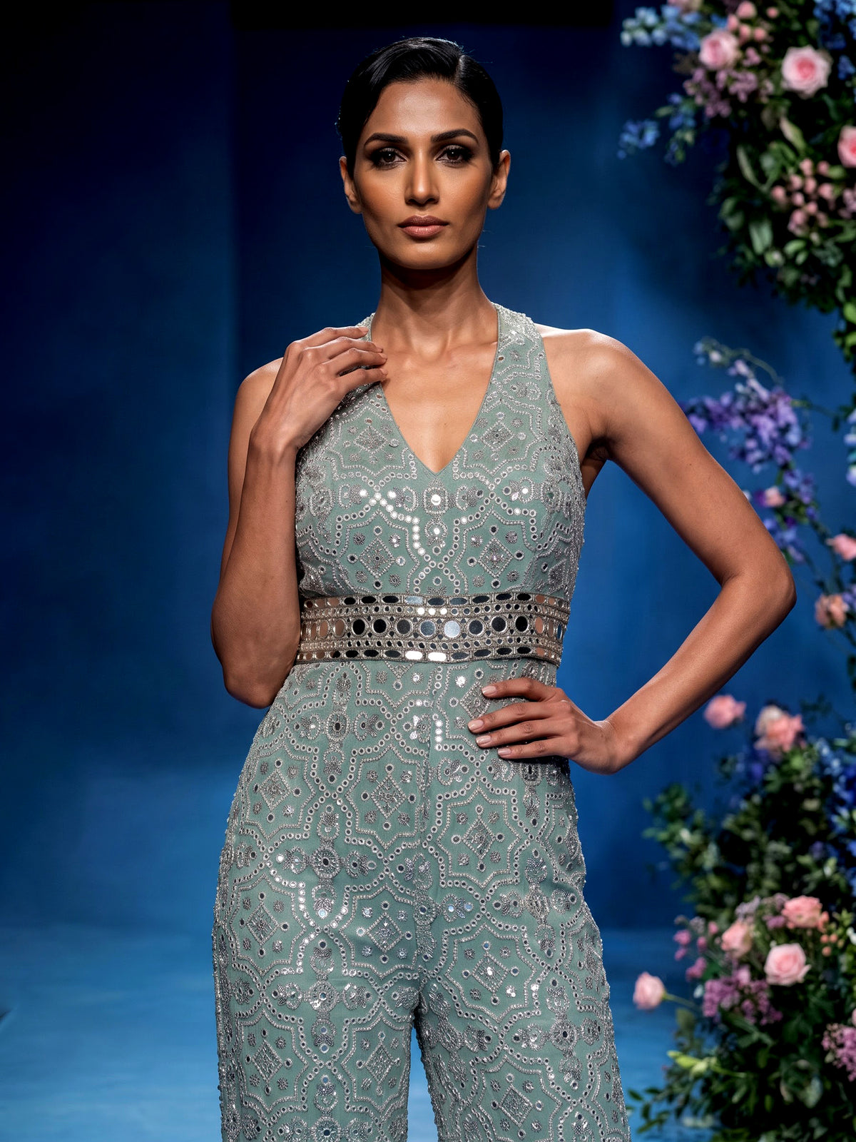 Mint green silk designer jumpsuit with aabla work