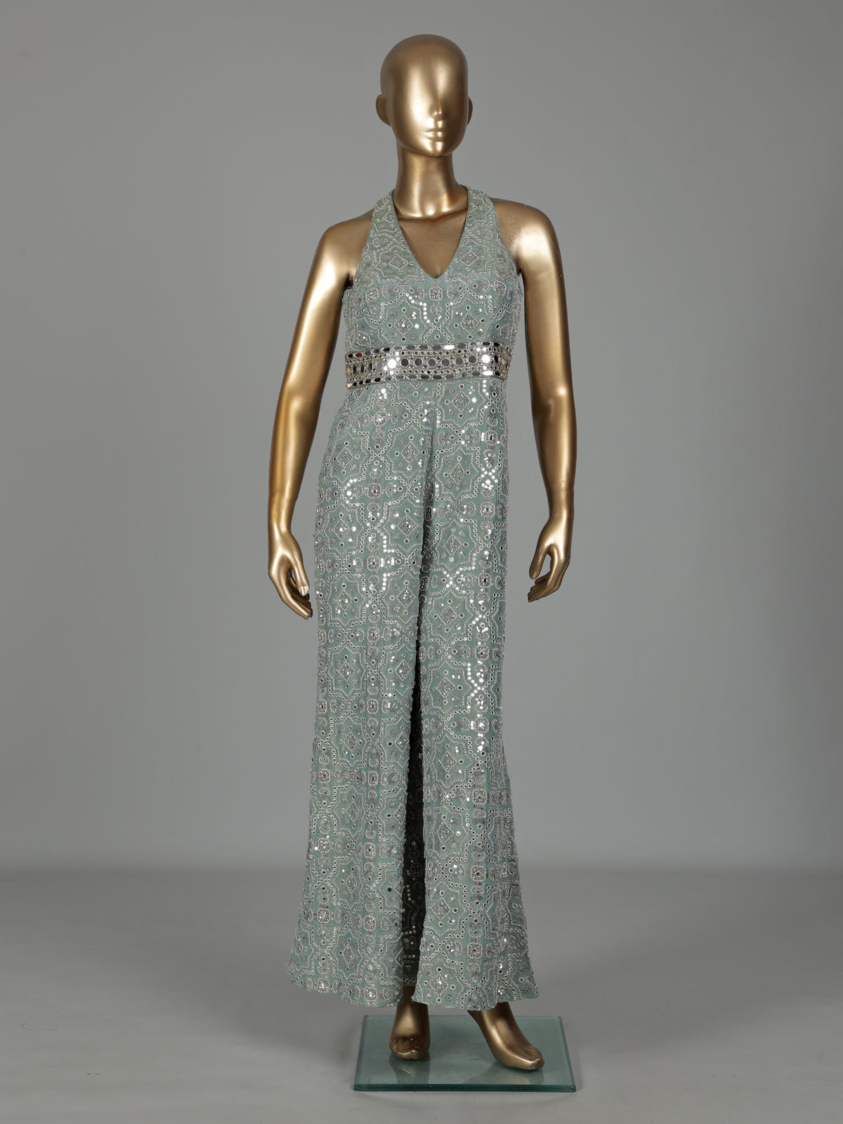 Mint green silk designer jumpsuit with aabla work