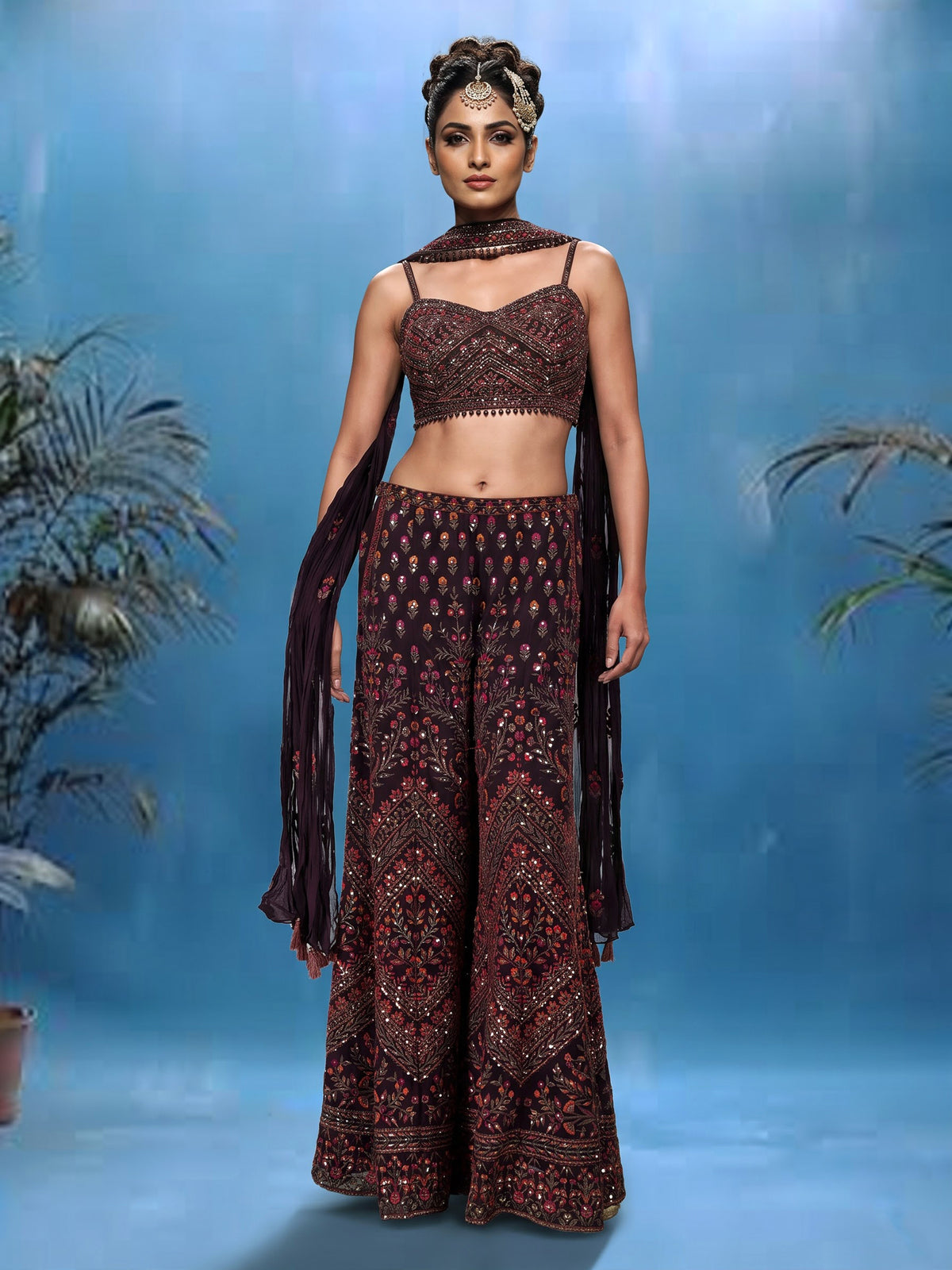 Wine georgette palazzo suit with zardosi and beadwork