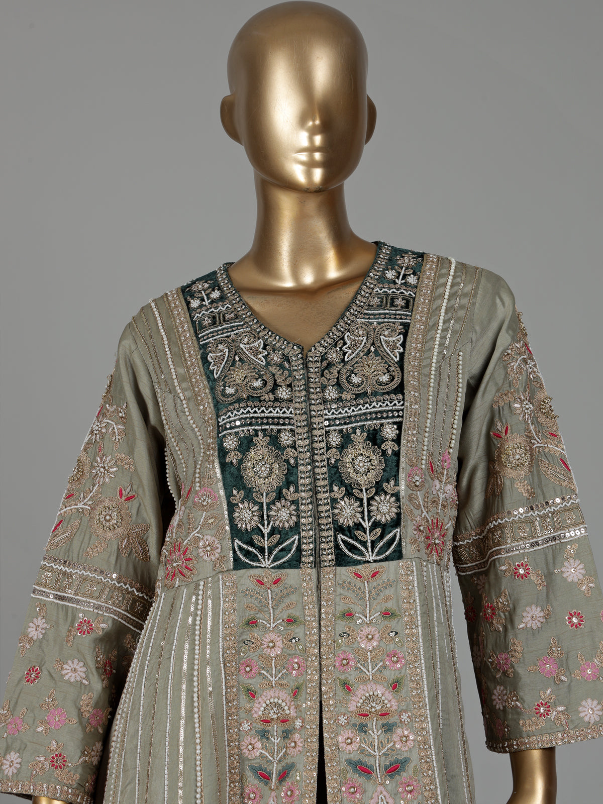 Sage green raw silk pakistani anarkali with embellished palazzo and dupatta