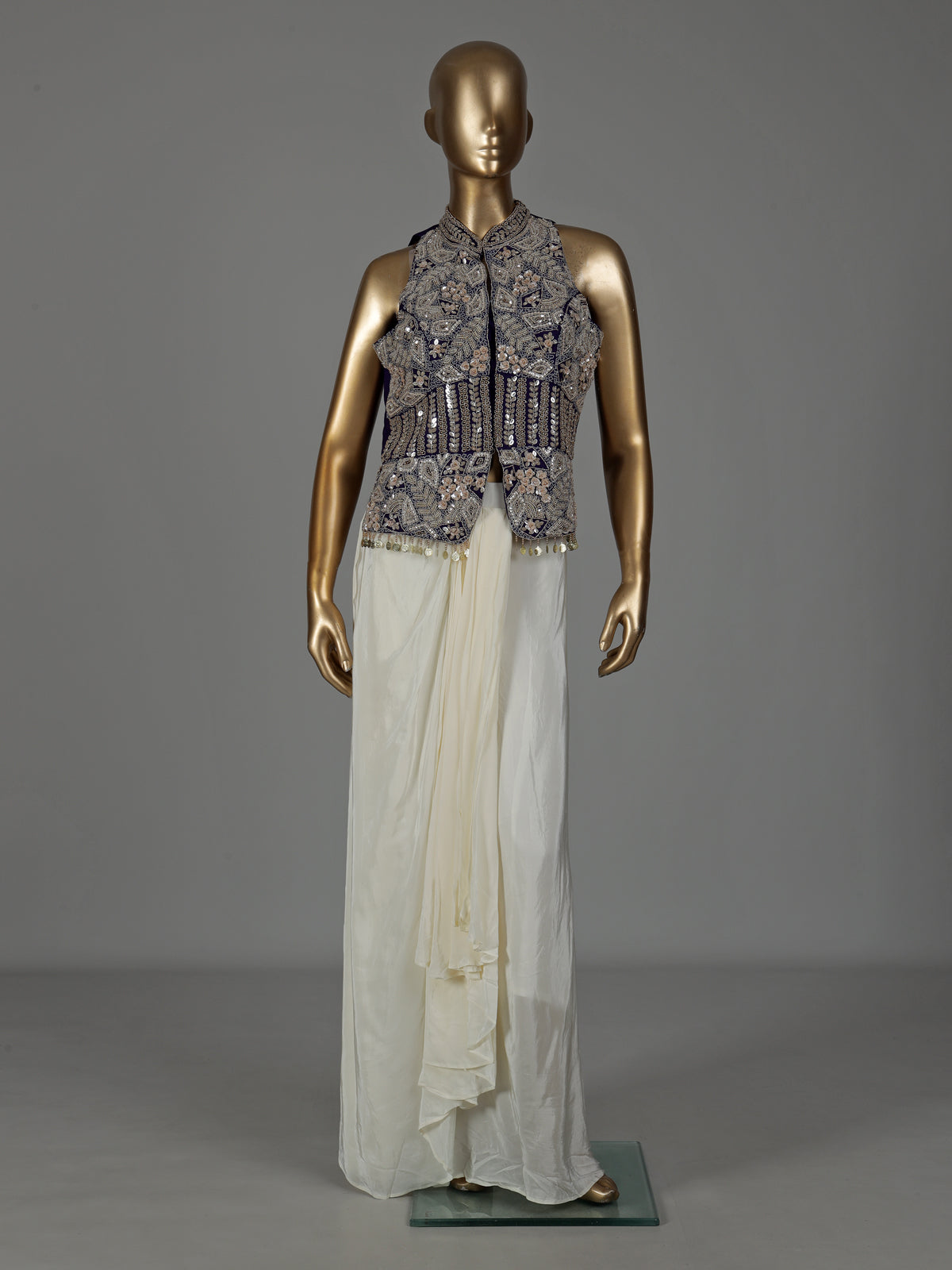 Purple white satin crepe silk indowestern suit with coin tassels