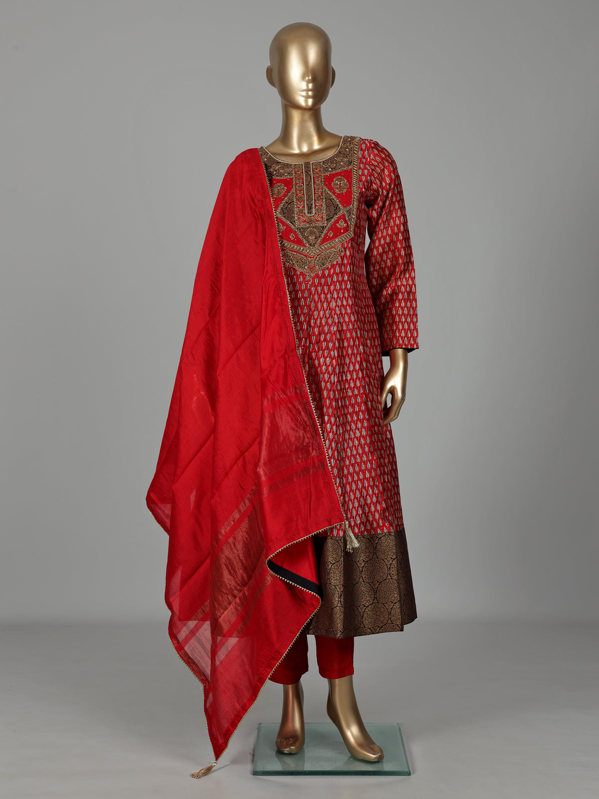 Red cotton silk printed anarkali suit with zardosi and zari embellishments