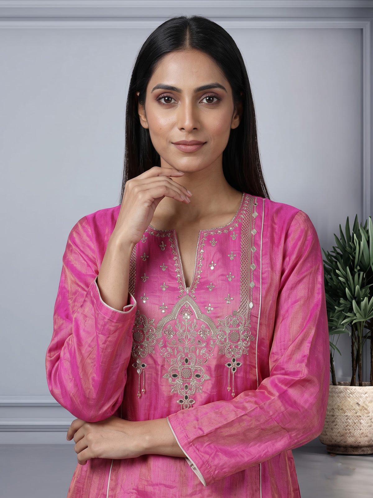 Rani pink chanderi silk anarkali with embellished sweetheart neckline