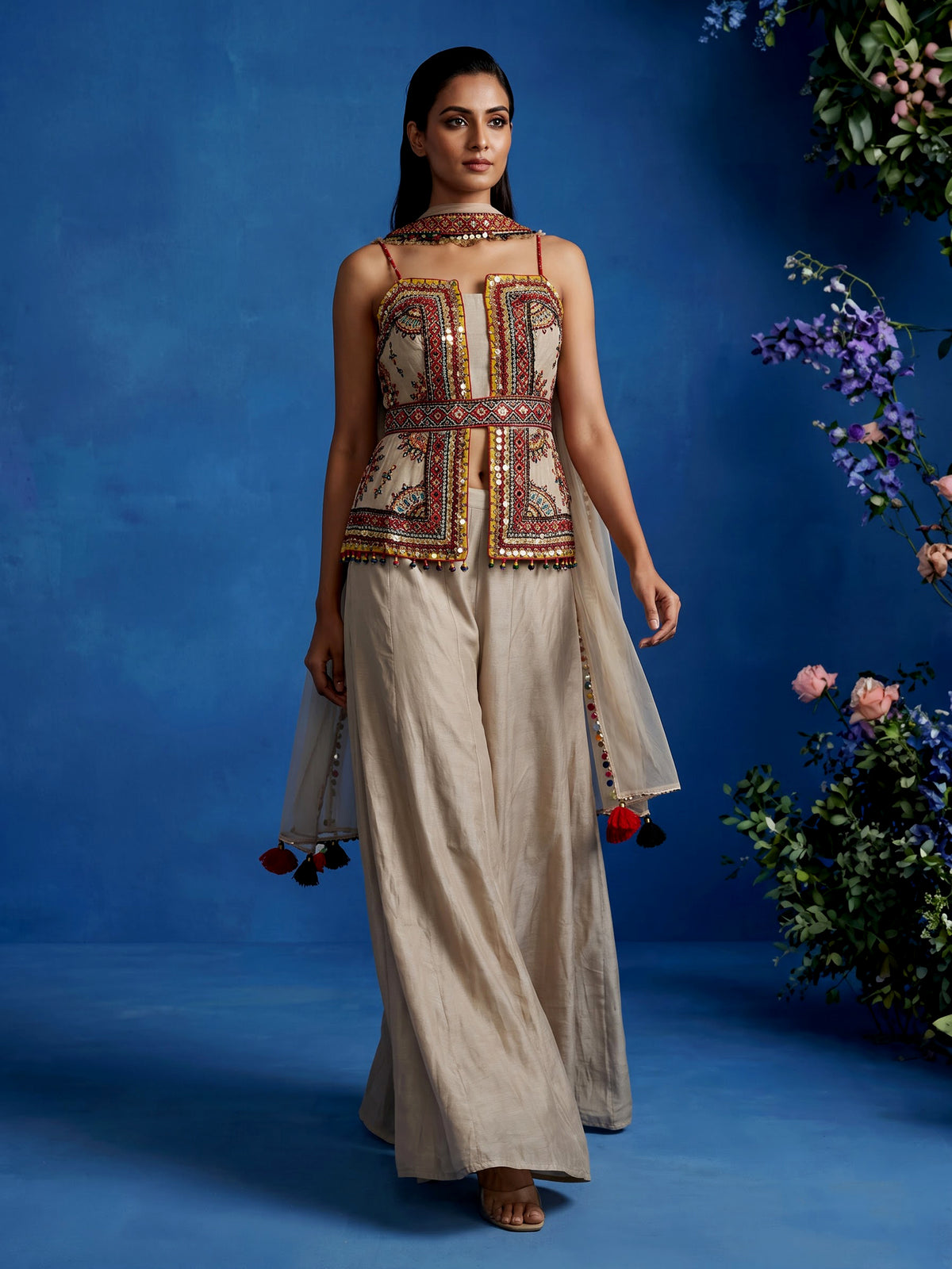 Beige silk designer palazzo suit with coin tassel detailing