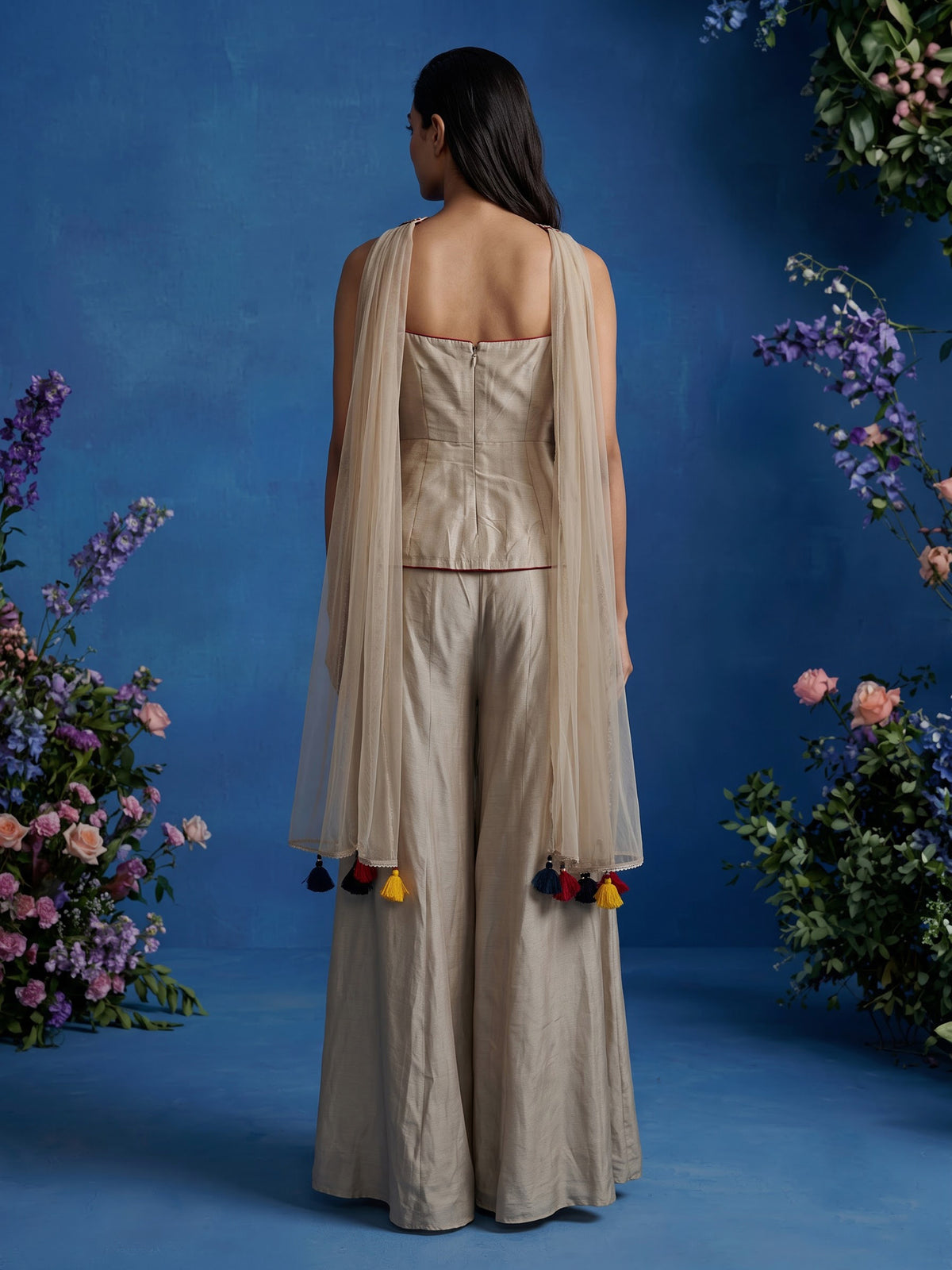 Beige silk designer palazzo suit with coin tassel detailing
