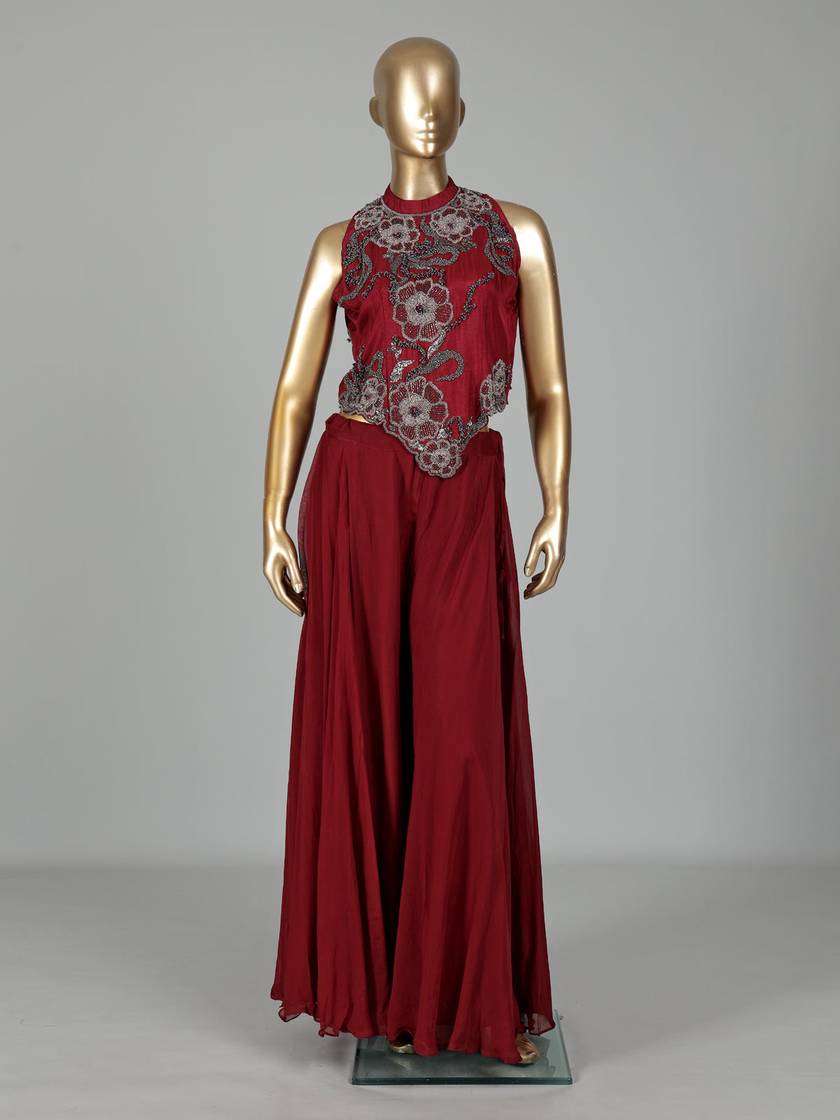 Maroon silk georgette floral palazzo suit with pearl cutdana detailing