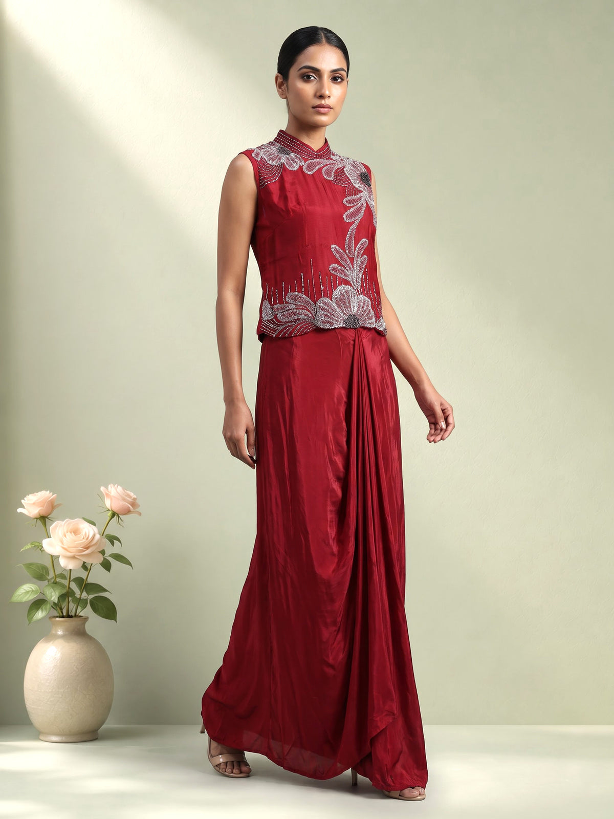 Maroon satin crepe silk indowestern suit with floral diamond embellishments