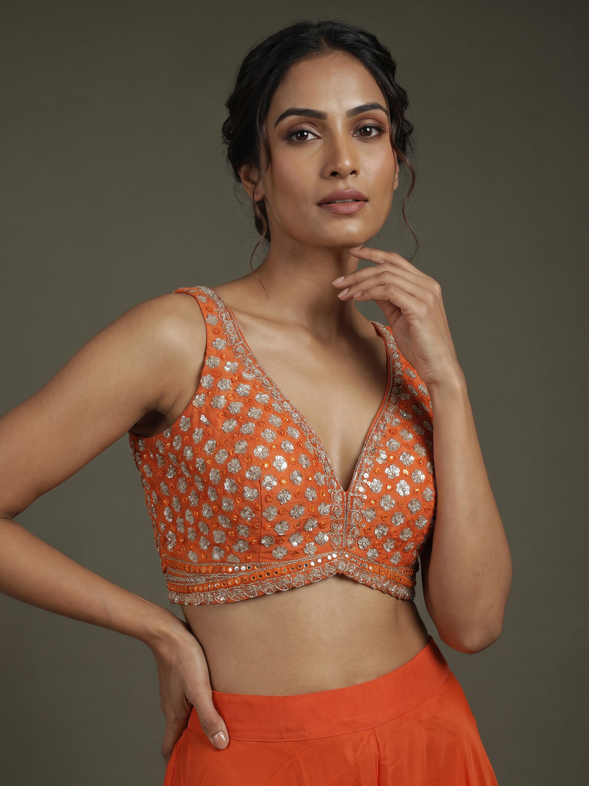 Orange satin silk designer salwar suit with embellished shrug