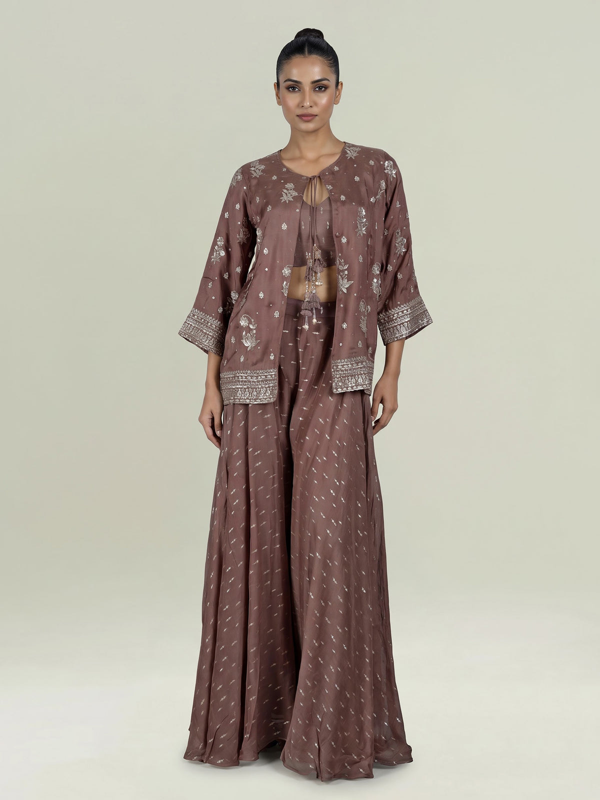 Dusty wine silk designer salwar suit with elegant palazzo
