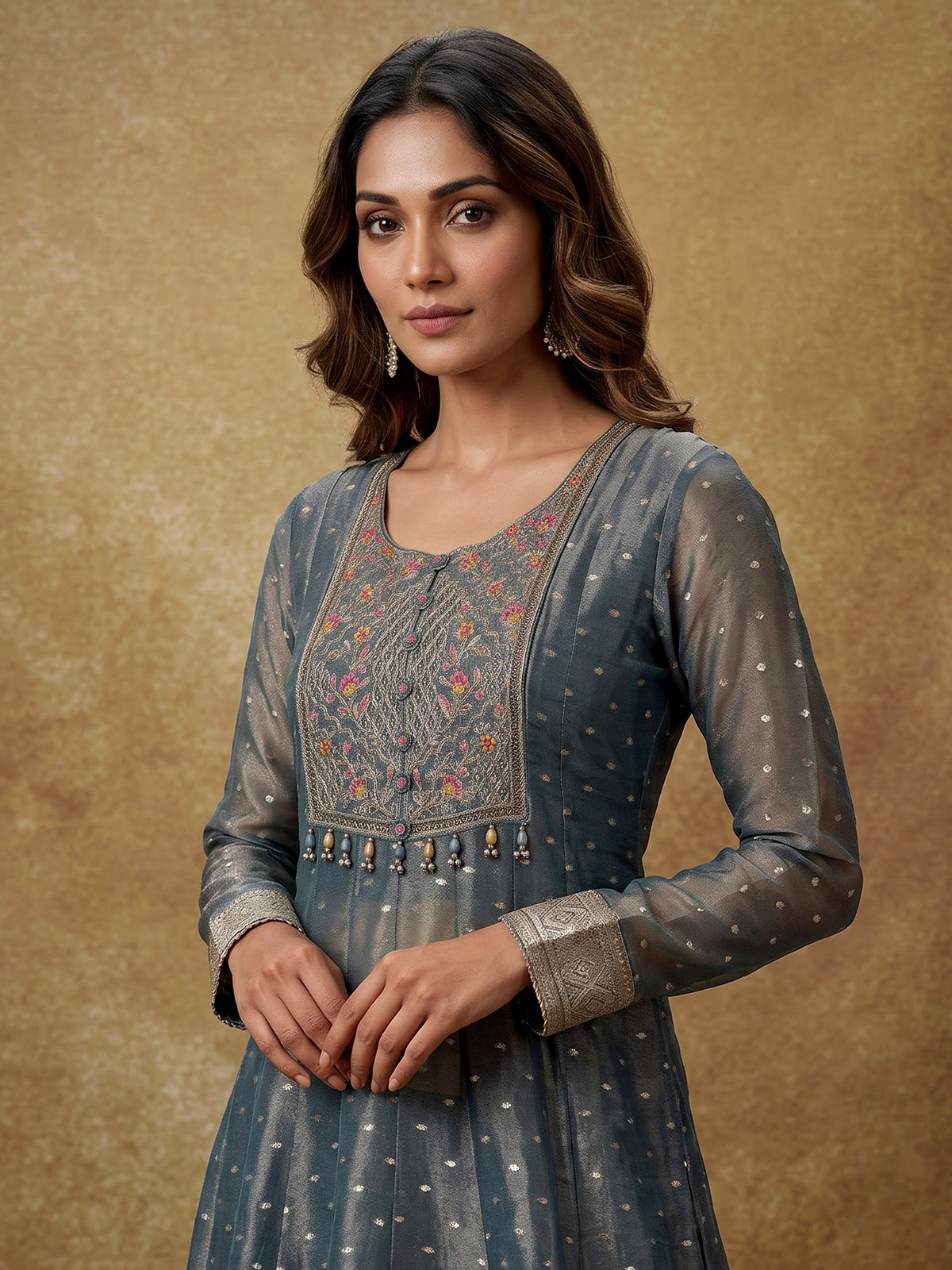 Stone grey tissue silk anarkali with embellished sweetheart yoke detailing