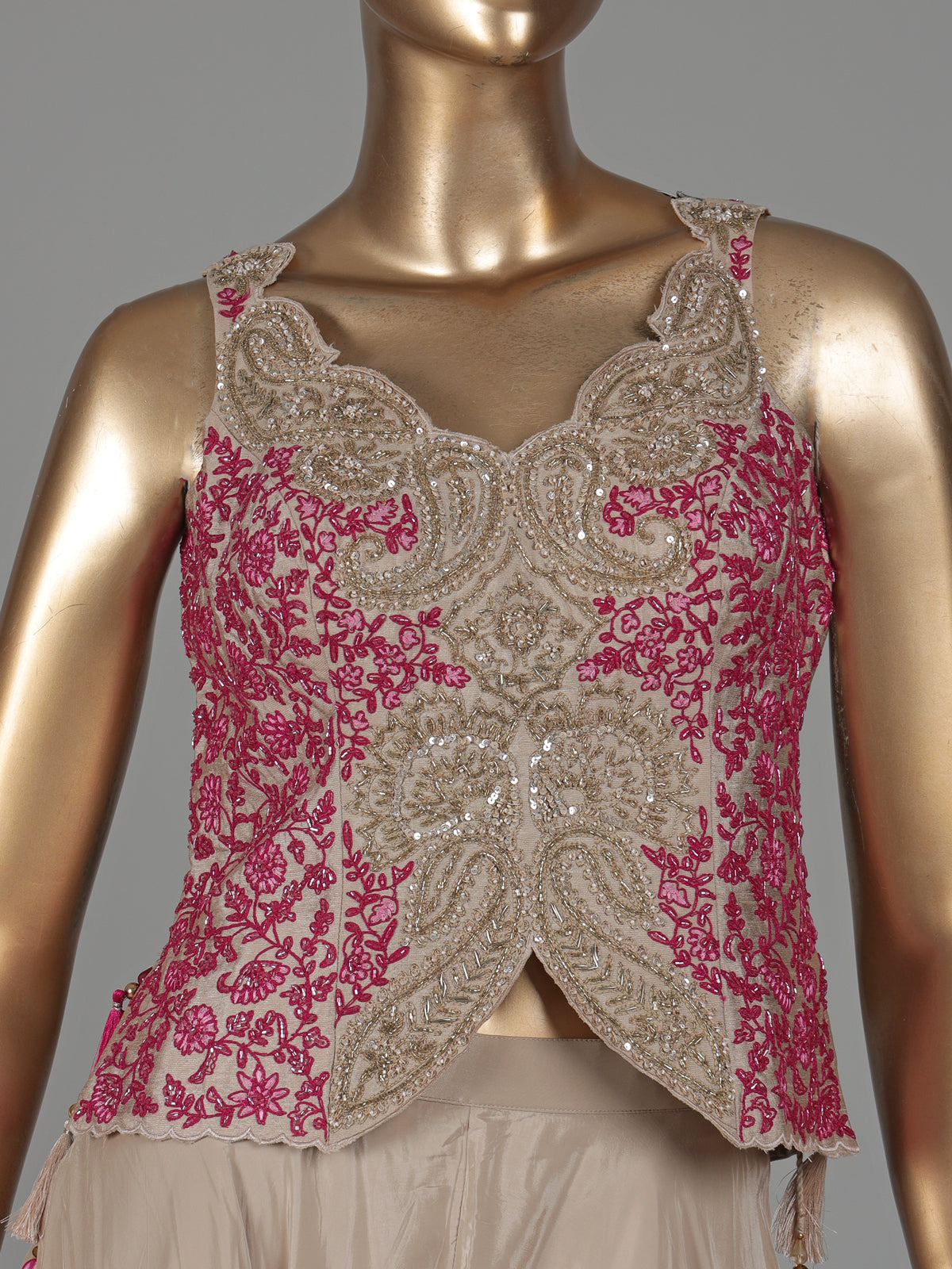 Beige satin silk palazzo suit with pink thread work