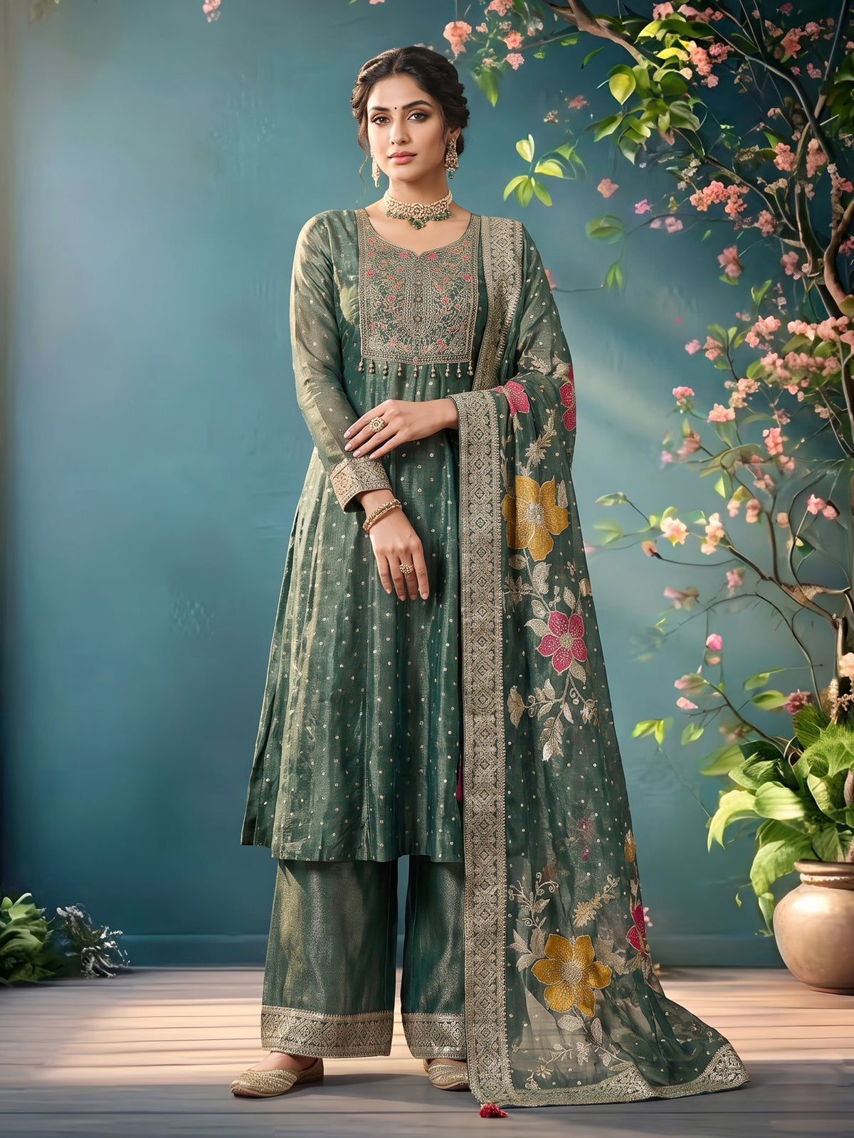 Pastel green tissue silk anarkali with embellished sweetheart yoke