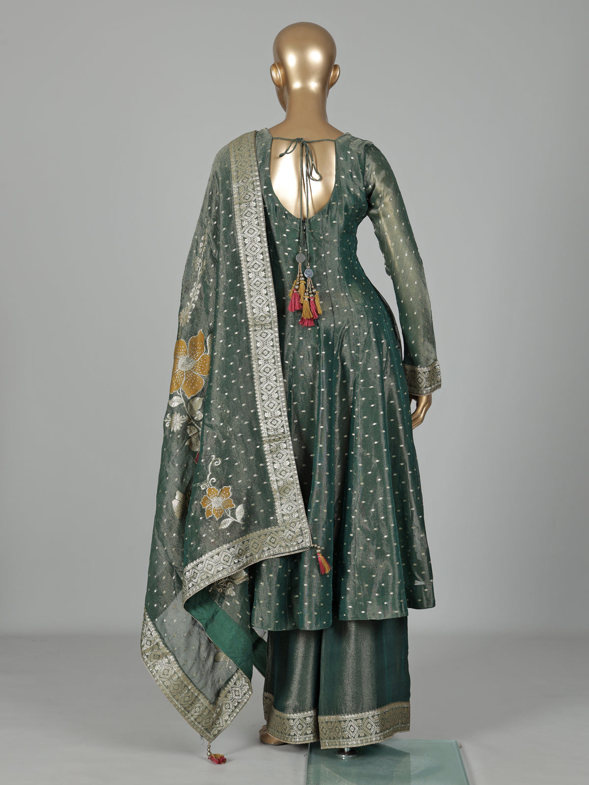 Pastel green tissue silk anarkali with embellished sweetheart yoke