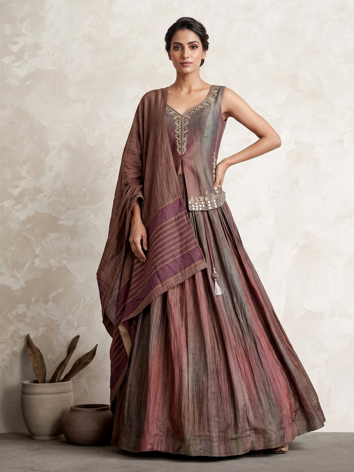 Brown shaded silk lehenga choli with elegant embellished detailing