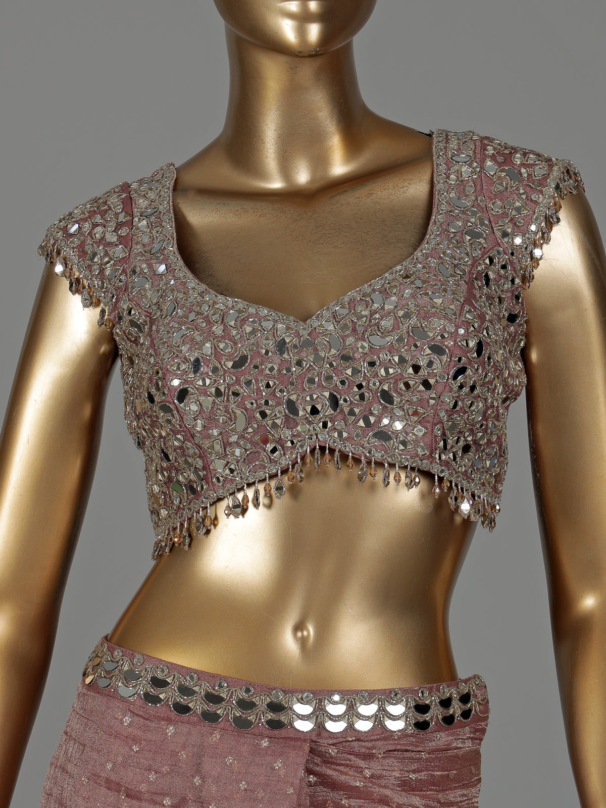 Onion pink tissue silk ready-to-wear saree with zari embellishments
