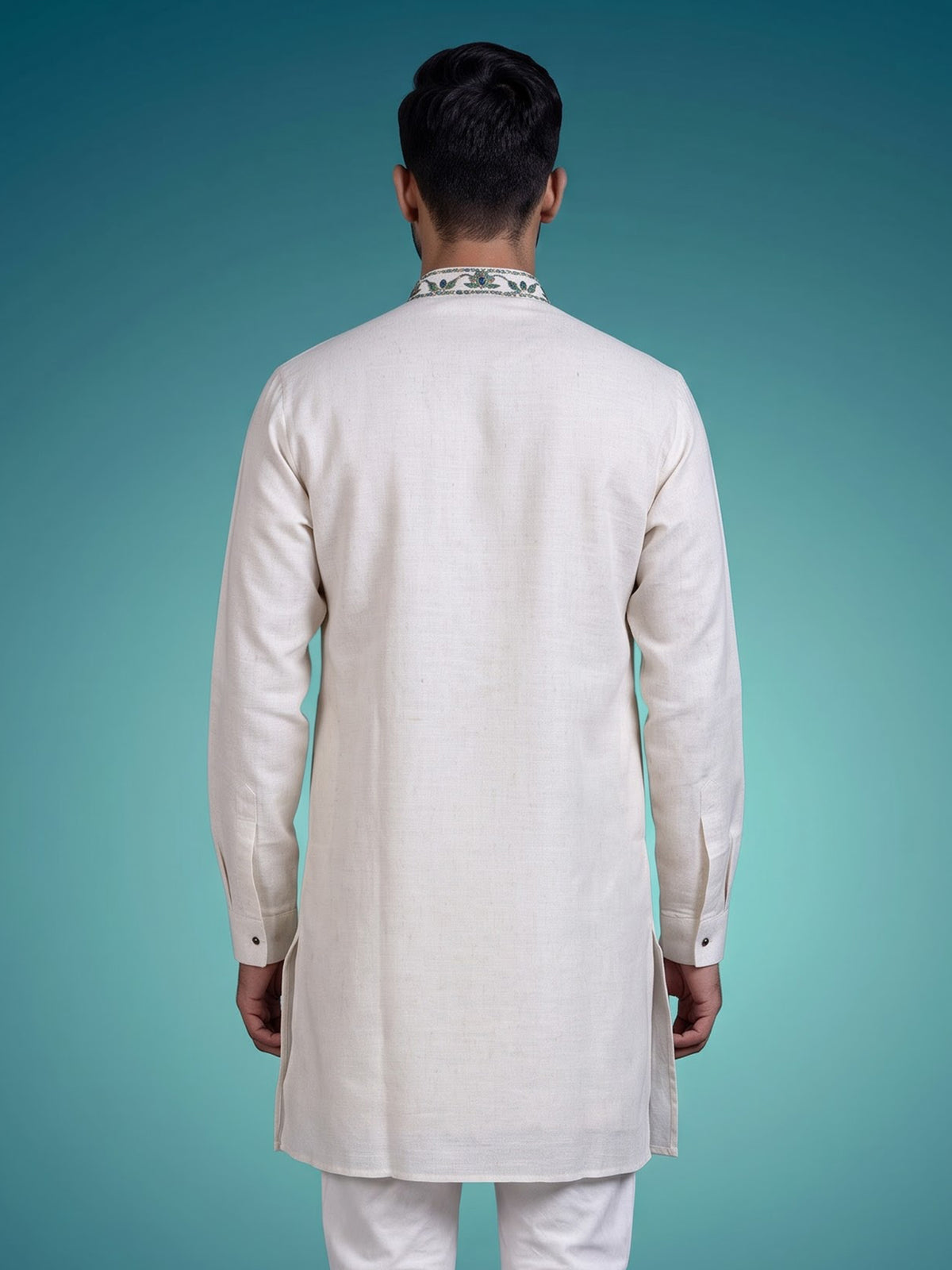 Off white linen mens kurta with intricate aabla threadwork