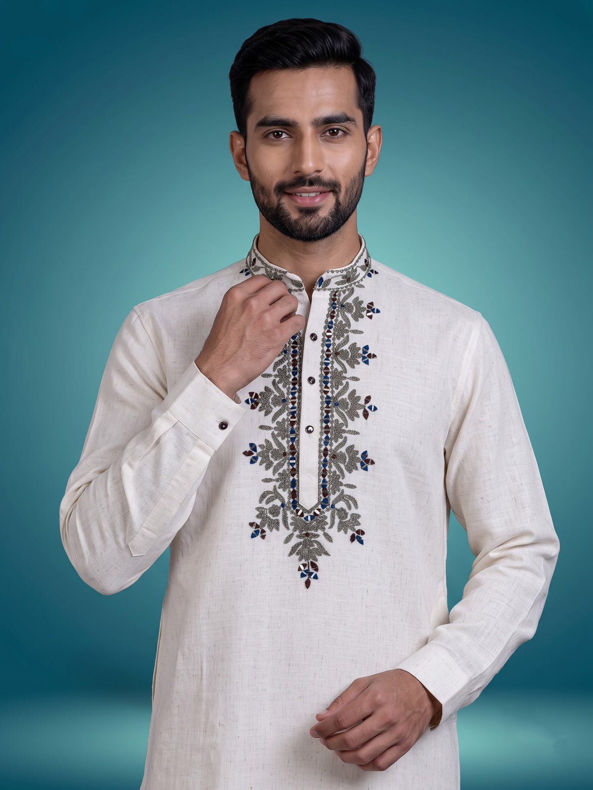 Off white linen mens kurta with intricate aabla threadwork