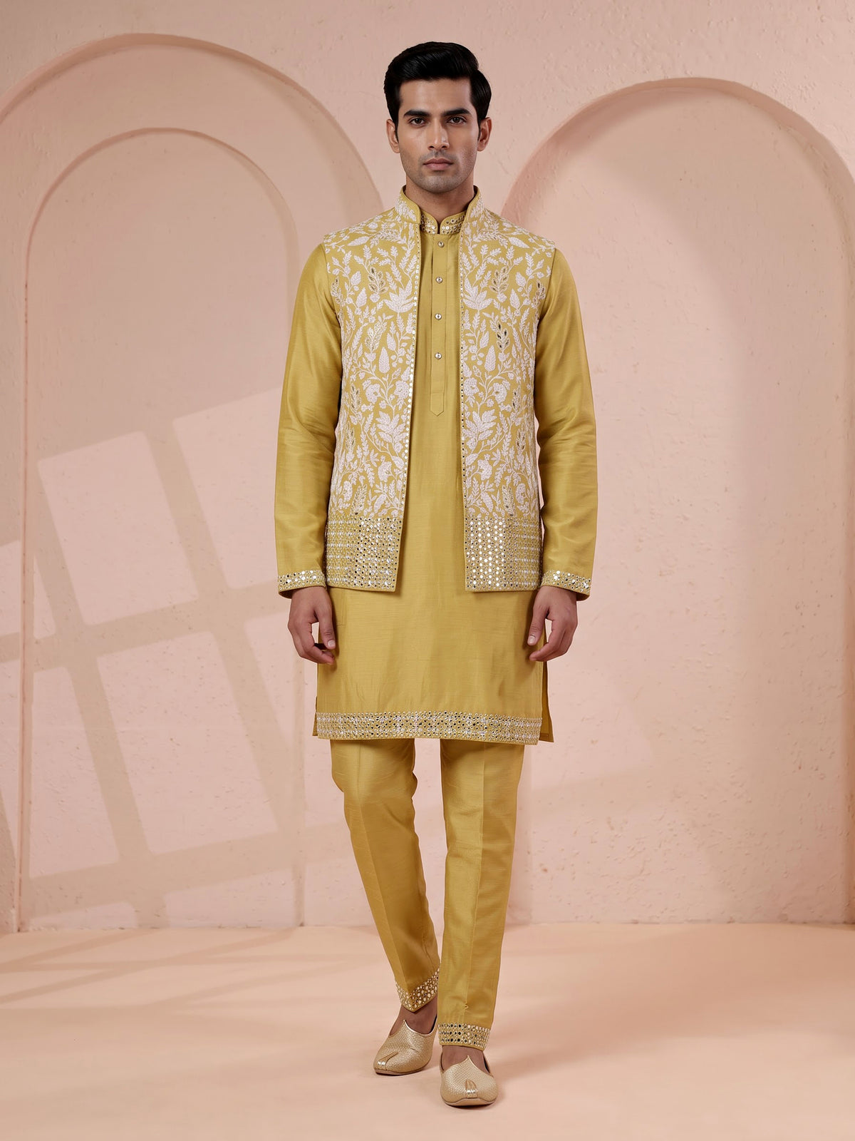 Yellow silk mens waistcoat set with aabla stone border detailing