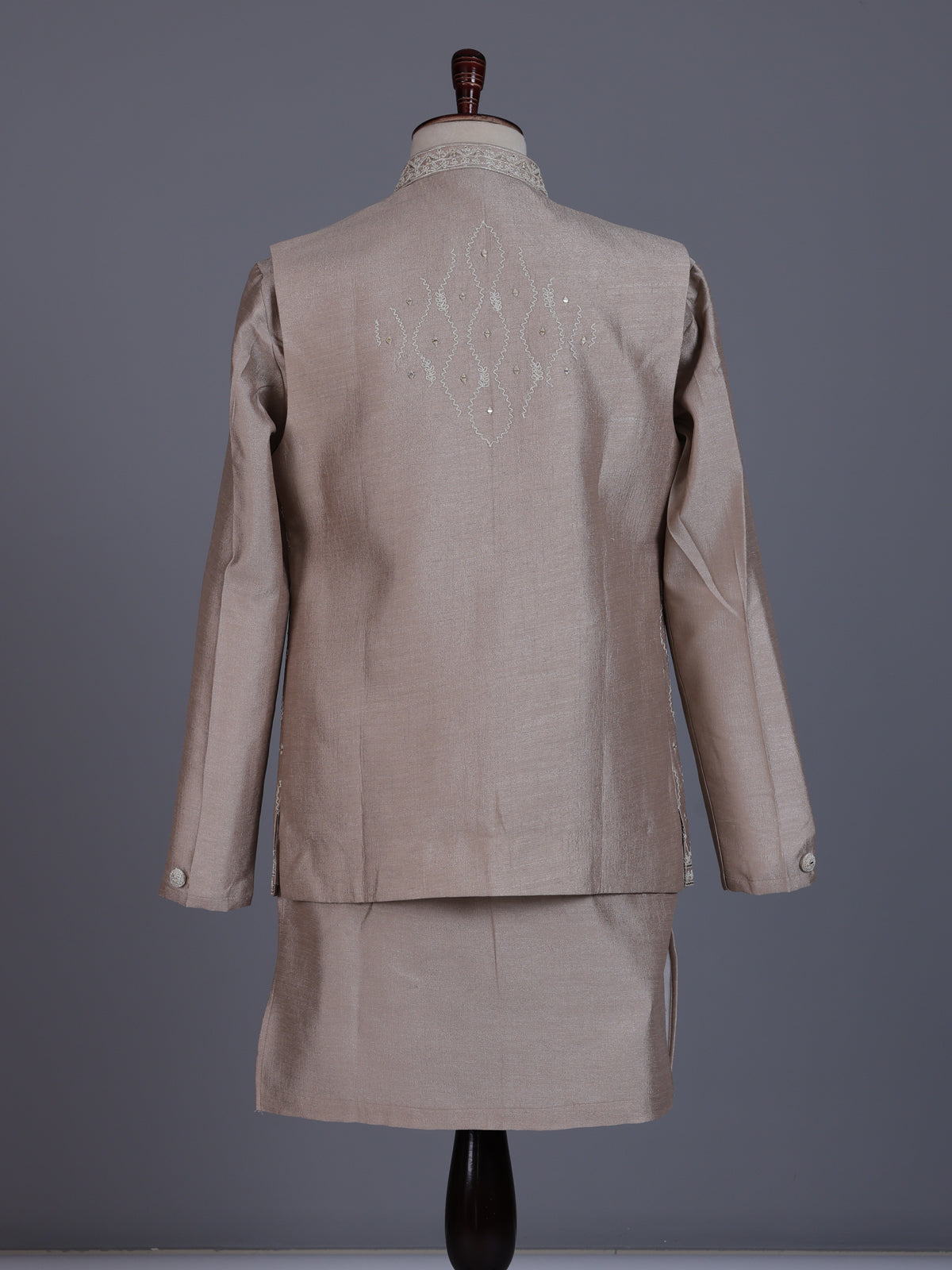 Pastel beige silk mens waistcoat set with geometric aabla accents
