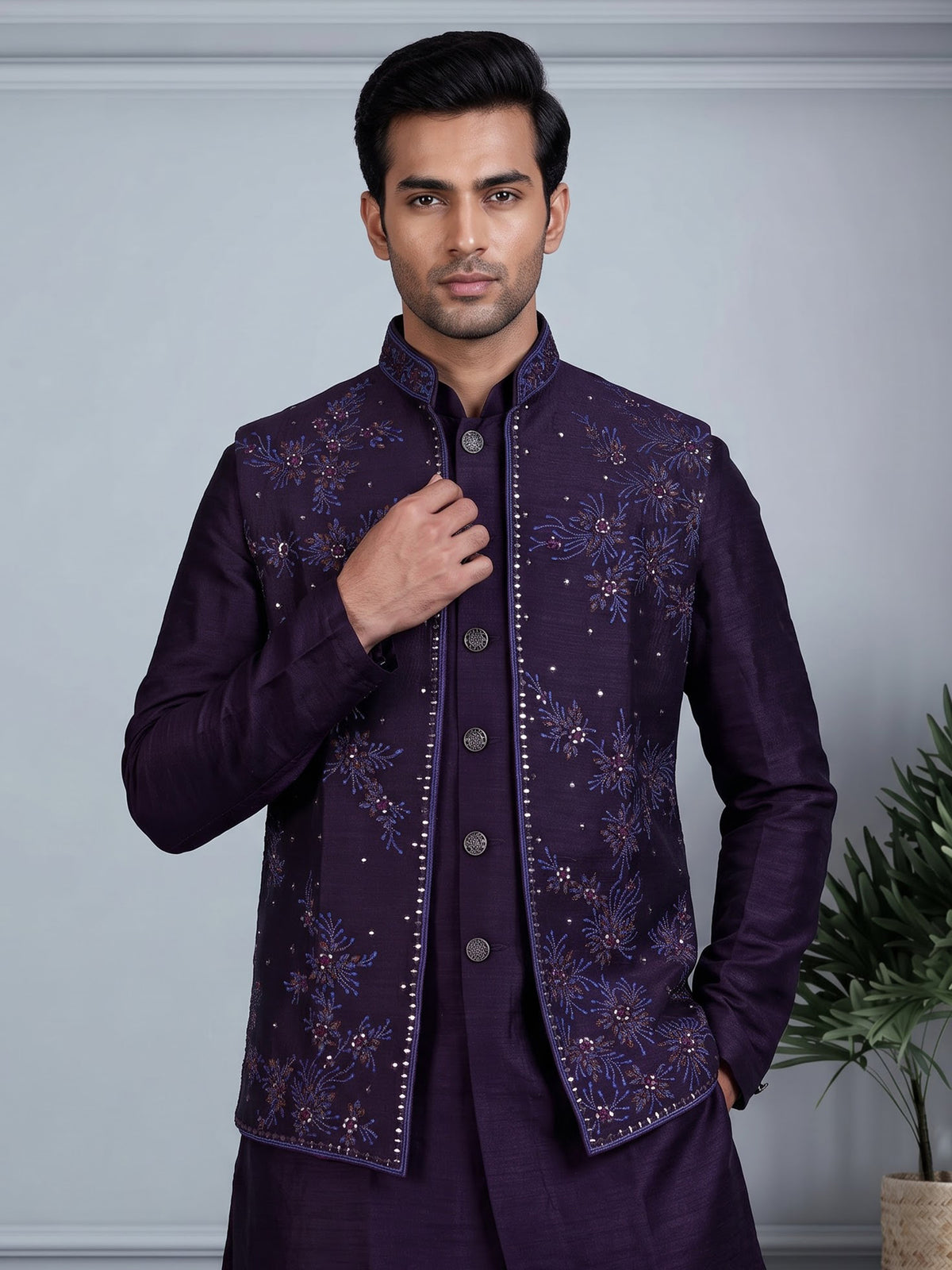 Purple silk mens waistcoat set with floral embroidery and aabla