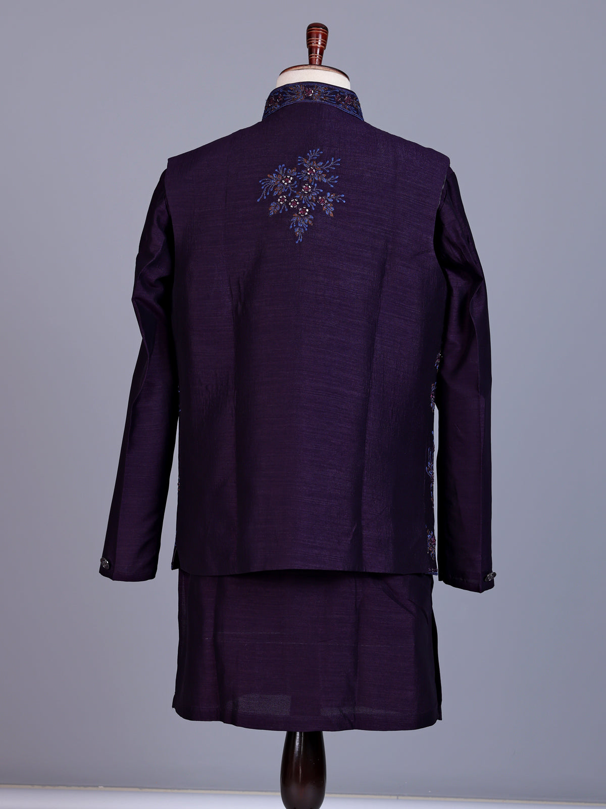 Purple silk mens waistcoat set with floral embroidery and aabla