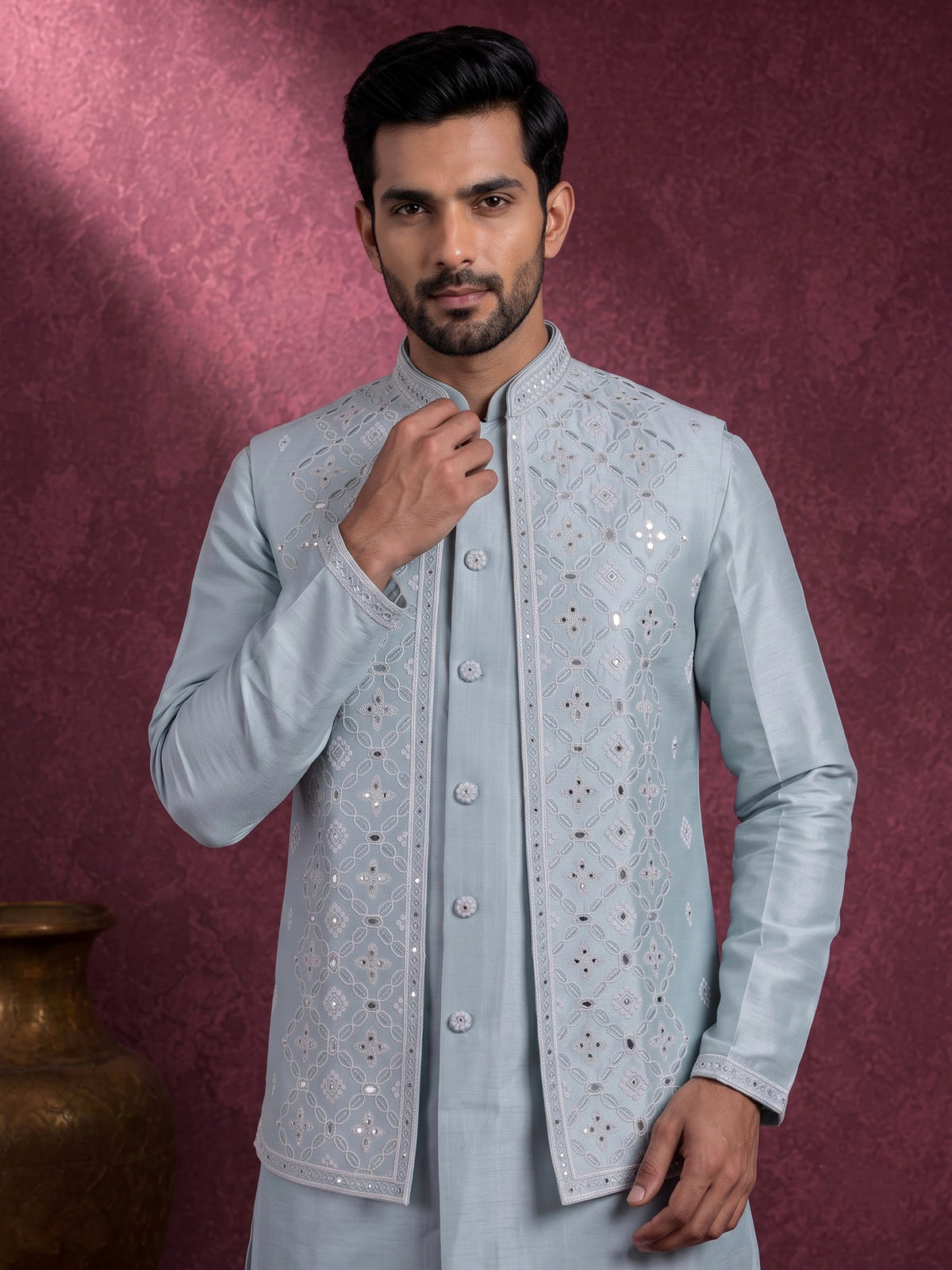 Pastel ice blue silk mens waistcoat set with aabla detailing