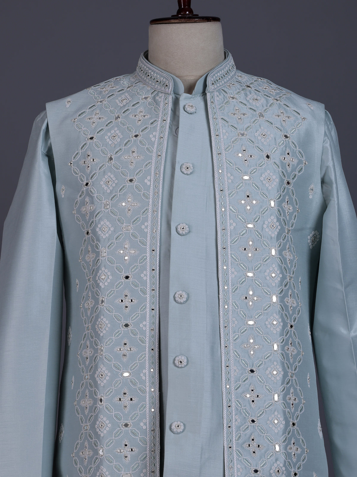 Pastel ice blue silk mens waistcoat set with aabla detailing