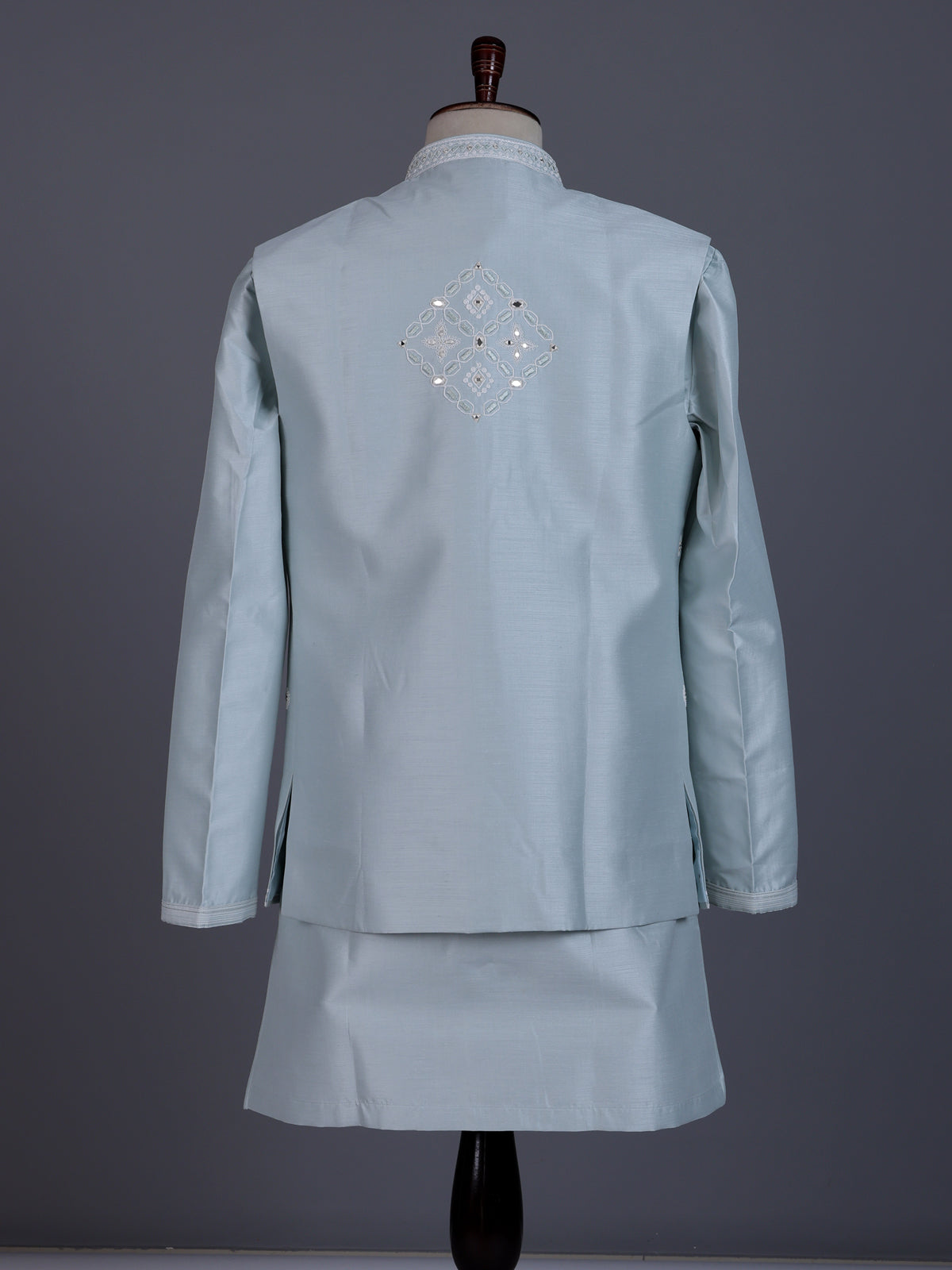 Pastel ice blue silk mens waistcoat set with aabla detailing