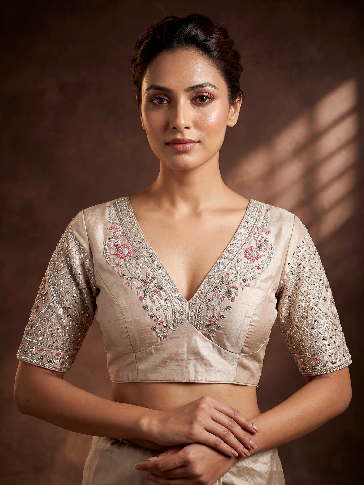 Cream silk unstitched lehenga choli with jharokha panels