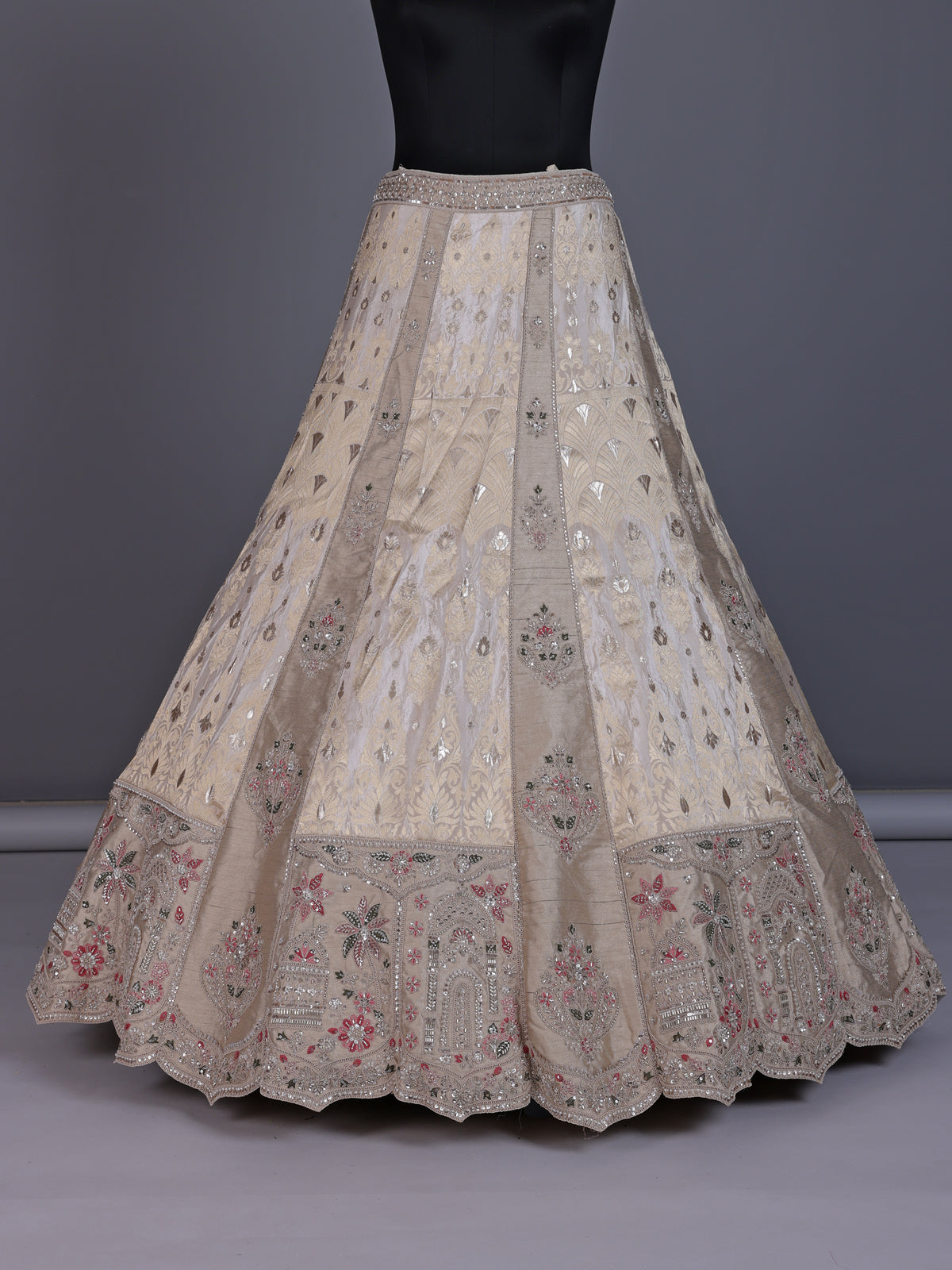 Cream silk unstitched lehenga choli with jharokha panels